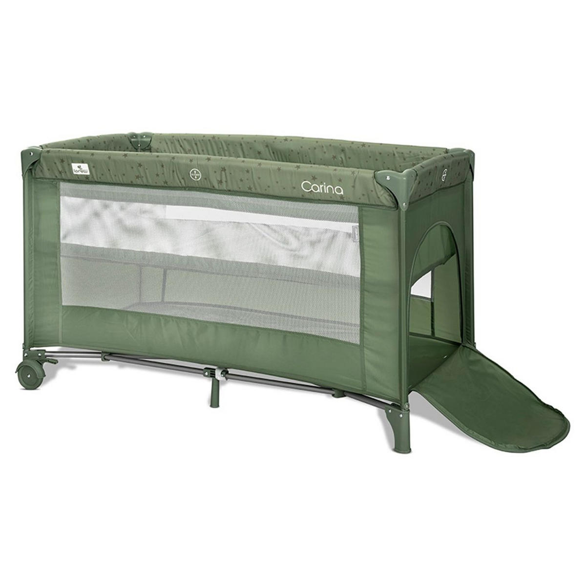 REISEBETT Carina 2 Ebenen dunkelgrün Matratze Tragetasche faltbar Räder mit Bremse - Grün, Kunststoff (67/125cm) - Lorelli