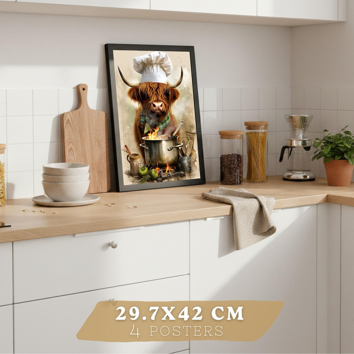 PLAKAT Sada 4 Zvířata vařící A4 Černý rám - černá, papír (29.7/1/21cm) - Nacnic