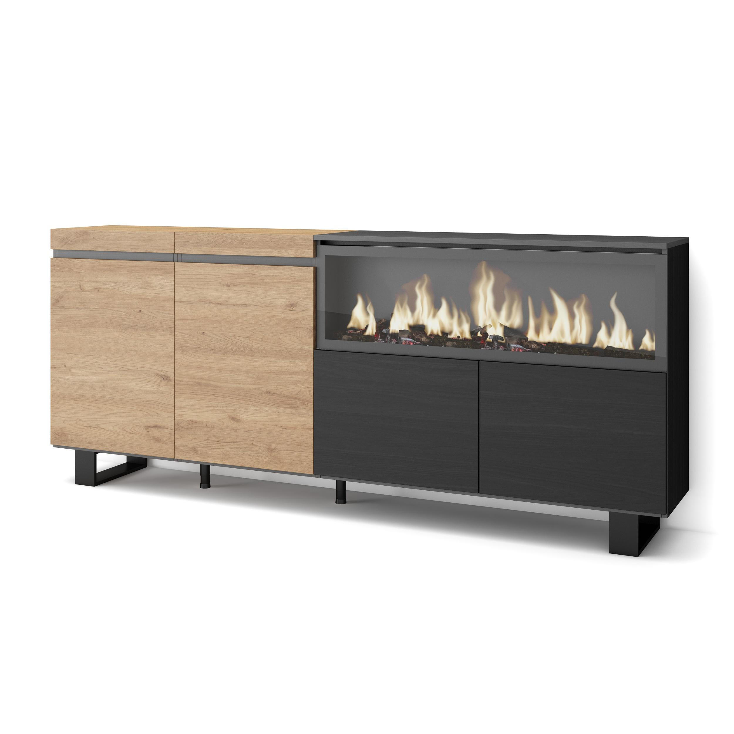 SIDEBOARD Highboard, Elektrokamin XXL, eiche, schwarz, 208/35/87cm - Eichefarben/Beige, Holzwerkstoff (208/87/35cm) - Skraut Home