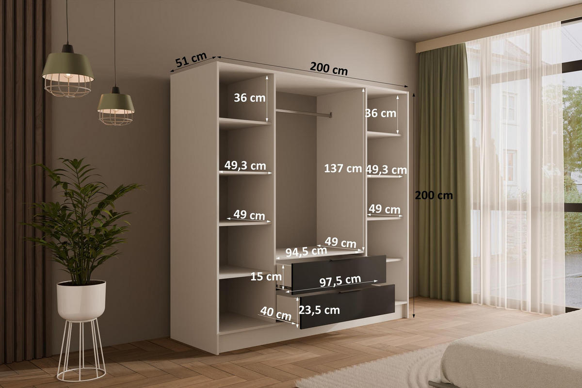 KLEIDERSCHRANK mit Flügeltüren KOLIN 200x200cm Weiß / Schwarz - Schwarz/Weiß, Holzwerkstoff (200/200/51cm) - ALTDECOR