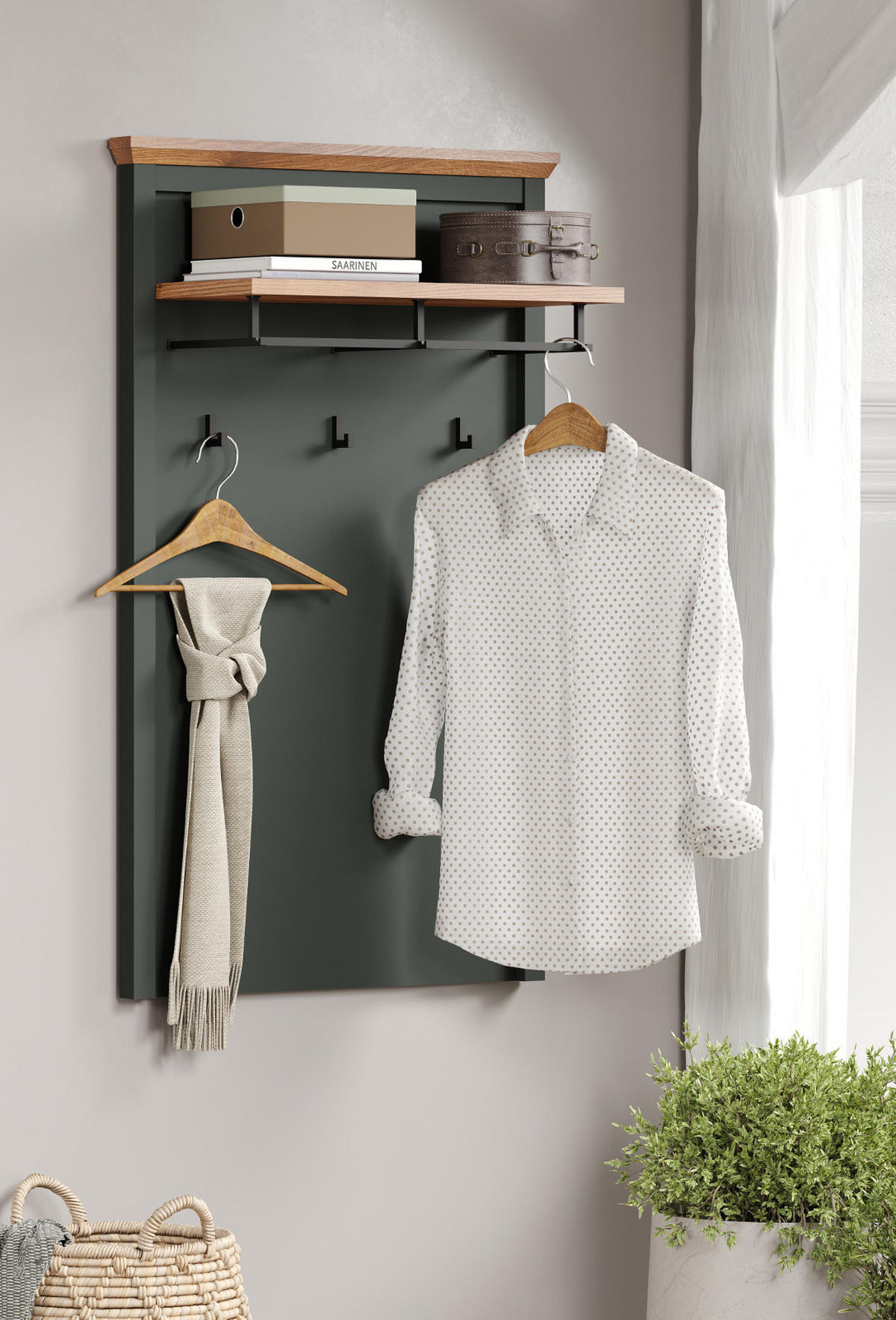 GARDEROBENPANEEL grün, Evoke Eiche 77 x 123 cm, Wandgarderobe im Landhaus-Stil - Eichefarben/Grün, Holzwerkstoff (28/123/77cm) - Top.Furn