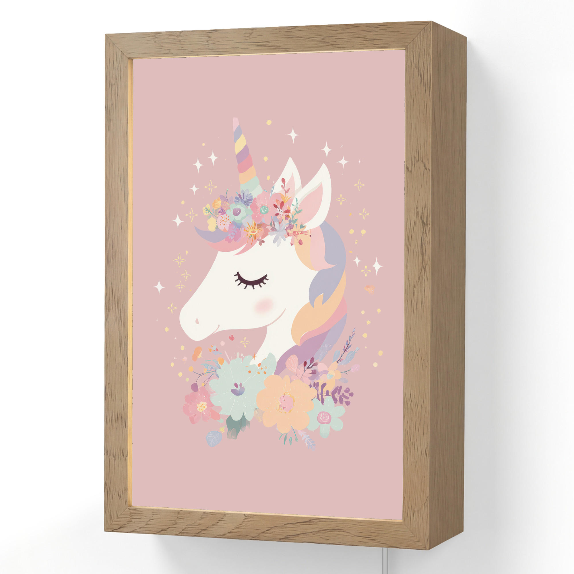 OnlyWow NÁSTĚNNÁ LAMPA Jednorožec - růžová - květiny 20x30 cm