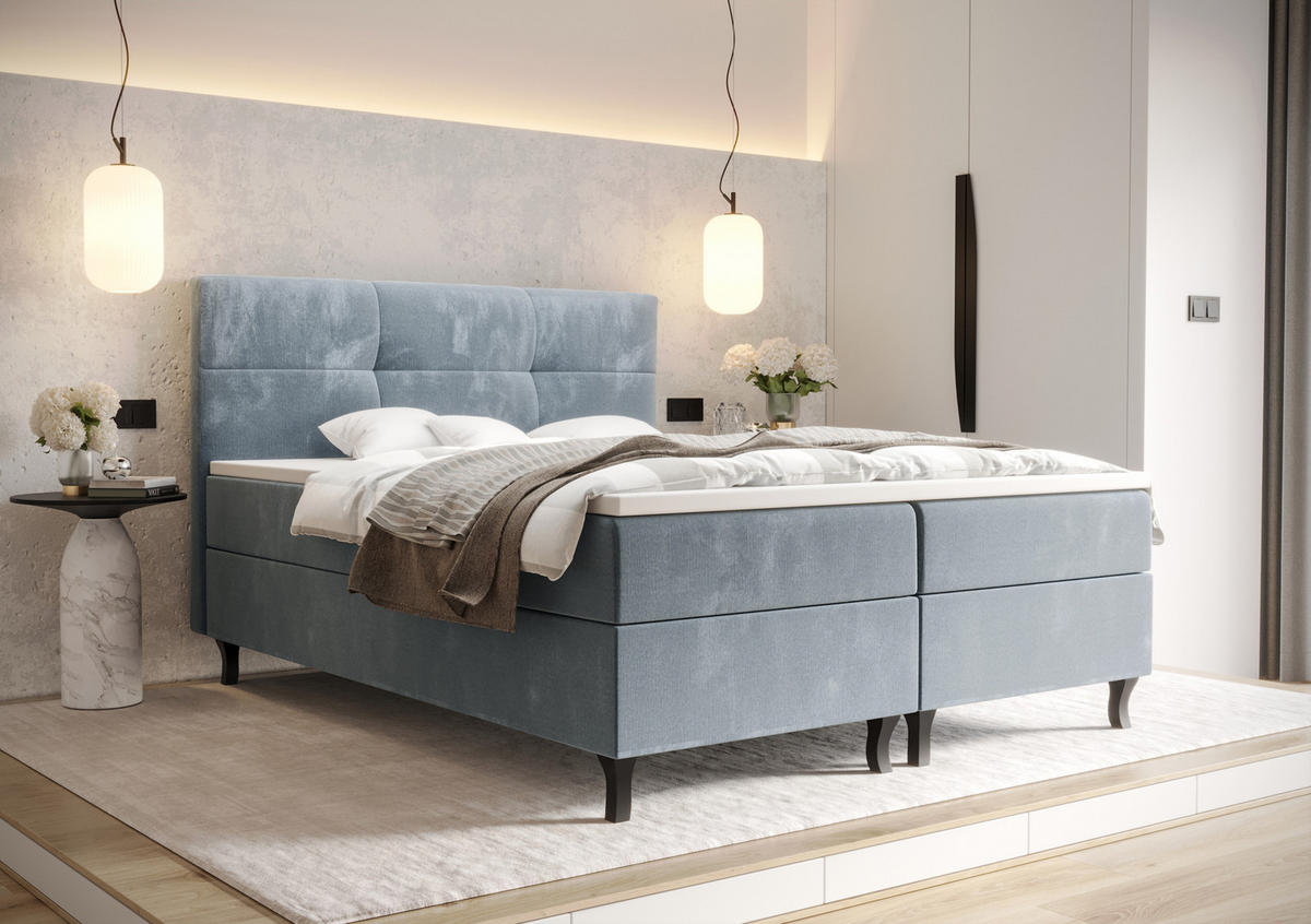 BOXBETT LIMBA mit Matratze H3 und Topper 140x200 Monolith 70 - Hellblau, Holz/Textil (140/200cm) - Bedante