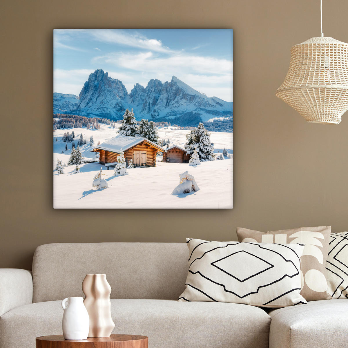 LEINWANDBILD Winter - Hütte - Berge - Aussicht - Schnee 90x90 cm - Eichefarben, Textil (90/90cm) - MuchoWow