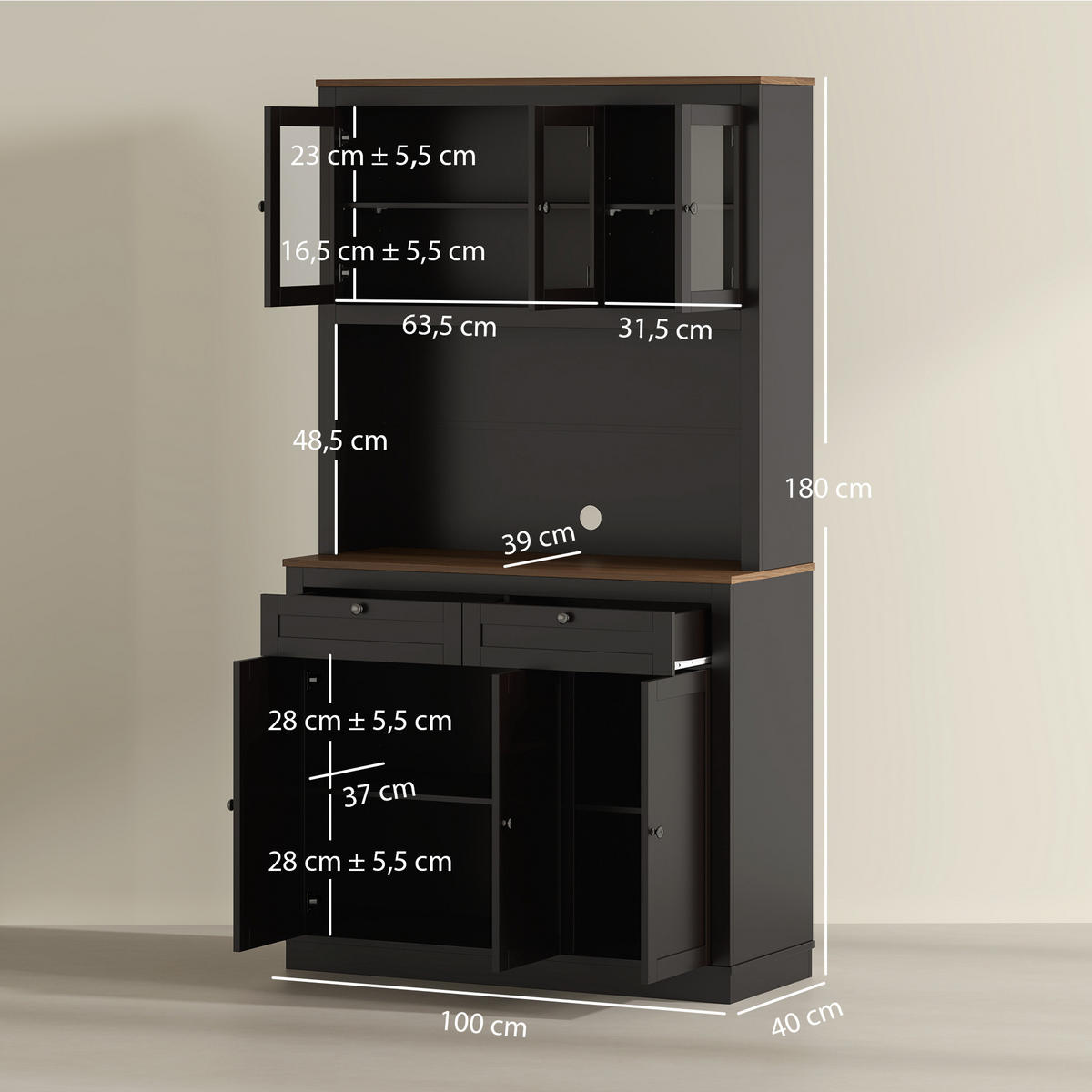 BUFFET DE-11213 6 Türen & 2 Schubladen mit Arbeitsplatte Schwarz - Schwarz, Holzwerkstoff (40/180/100cm) - ComfortXL