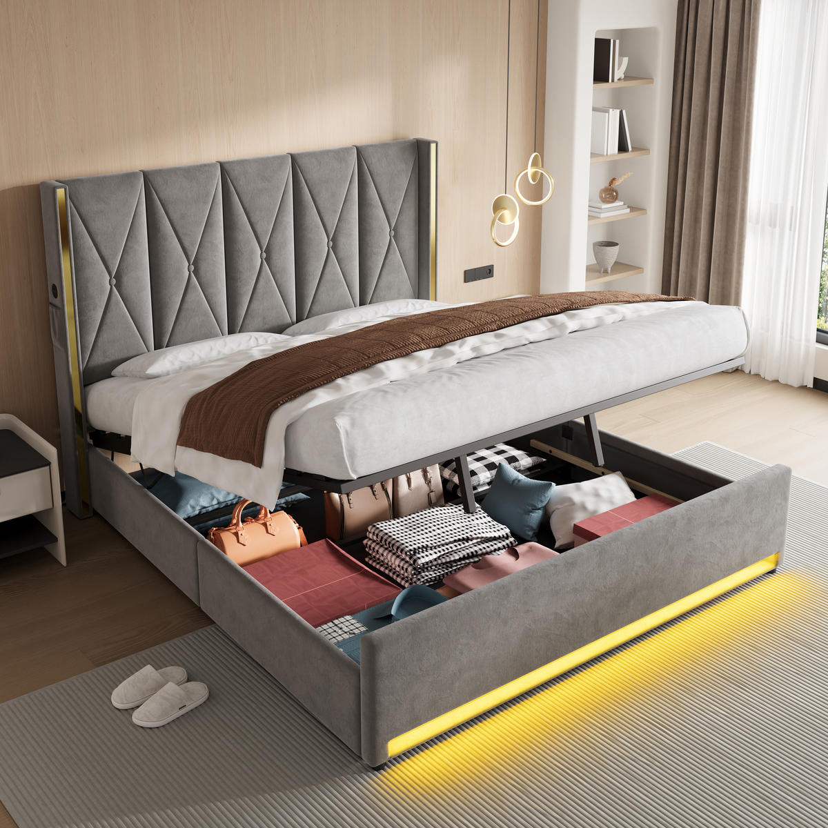 POLSTERBETT 180/200 cm in Dunkelgrau mit Bettkasten, Seitentaschen, LED und USB/Type-C Samt - Dunkelgrau, Holzwerkstoff/Textil (180/200cm) - STILVORA
