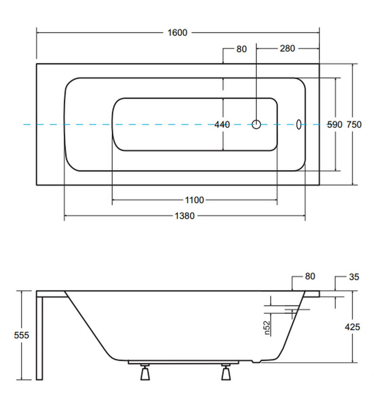BADEWANNE Rechteck TALIA 160/75 mit Träger Ablauf Füße - Weiß, Kunststoff (75/55.5/160cm) - bad land