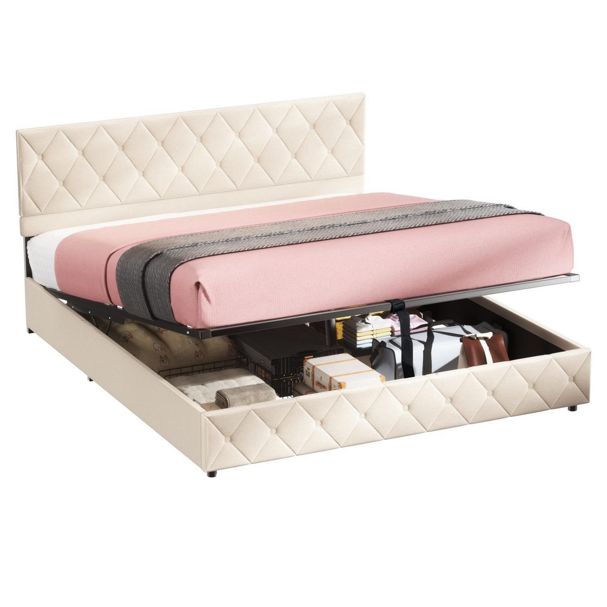 POLSTERBETT 180/200 cm Beige mit hydraulischem Stauraum aus Samt - Beige, Holzwerkstoff (180/200cm) - OKWISH