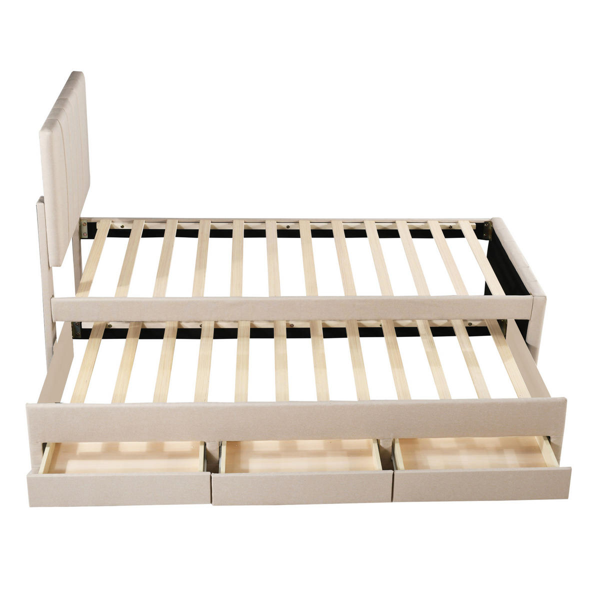 POLSTERBETT 90/200 cm Beige mit Ausziehbett und 3 Schubladen höhenverstellbares Kopfteil - Beige, Textil (90/200cm) - OKWISH