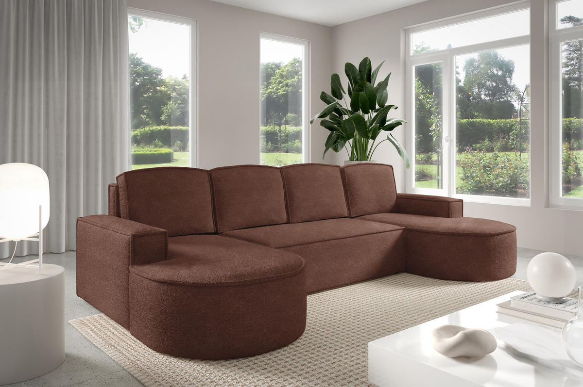 ECKSOFA MOLLY U Freistehendes, mit Schlaffunktion, 140x273cm, Bettkasten und Abnehmbaren Kissen – 316x157x88cm, Abriamo Stoff, Braun - Braun, Holz/Textil (316/157cm) - DomoHome