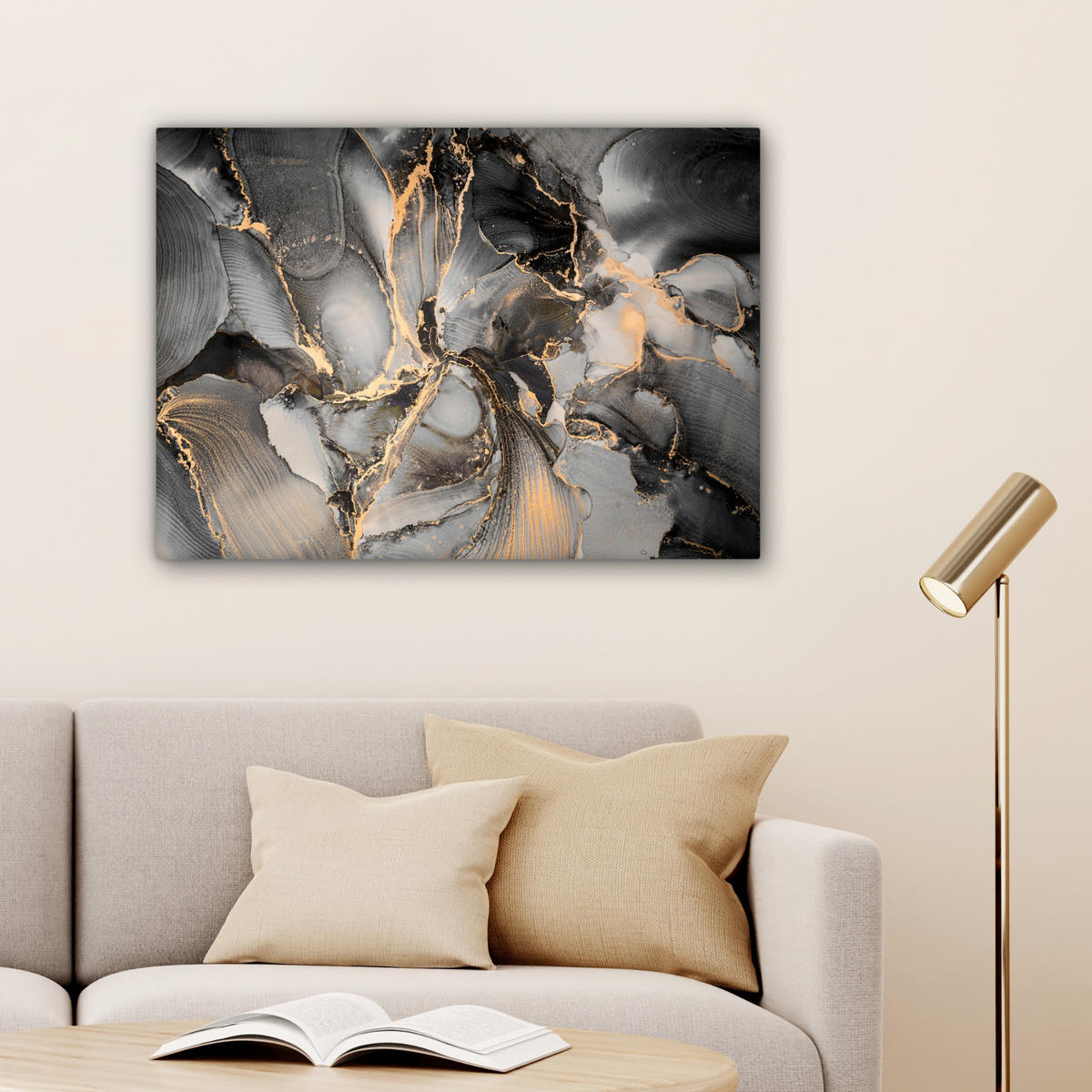 LEINWANDBILD Grau - Luxus - Gold - Marmor Wandbilder 80x60 cm - Dunkelgrau, Textil (80/60cm) - MuchoWow