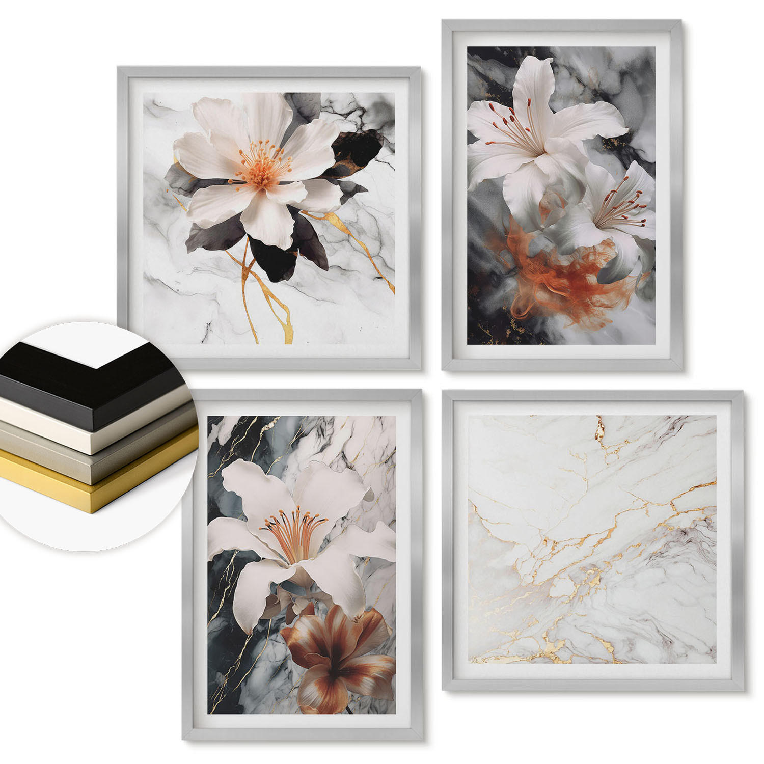 WANDBILDER 4er Set - 50x50 cm & 40x60 cm Silberner Rahmen - Blumen Marmor weiß schwarz - Silberfarben, Kunststoff (50/50cm) - ArtPrintCave