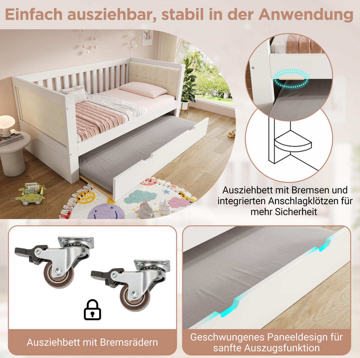 TAGESBETT 90/190 cm mit Ausziehbett in Weiß inkl. Lattenroste - Weiß, Textil (90/190cm) - BEAOK