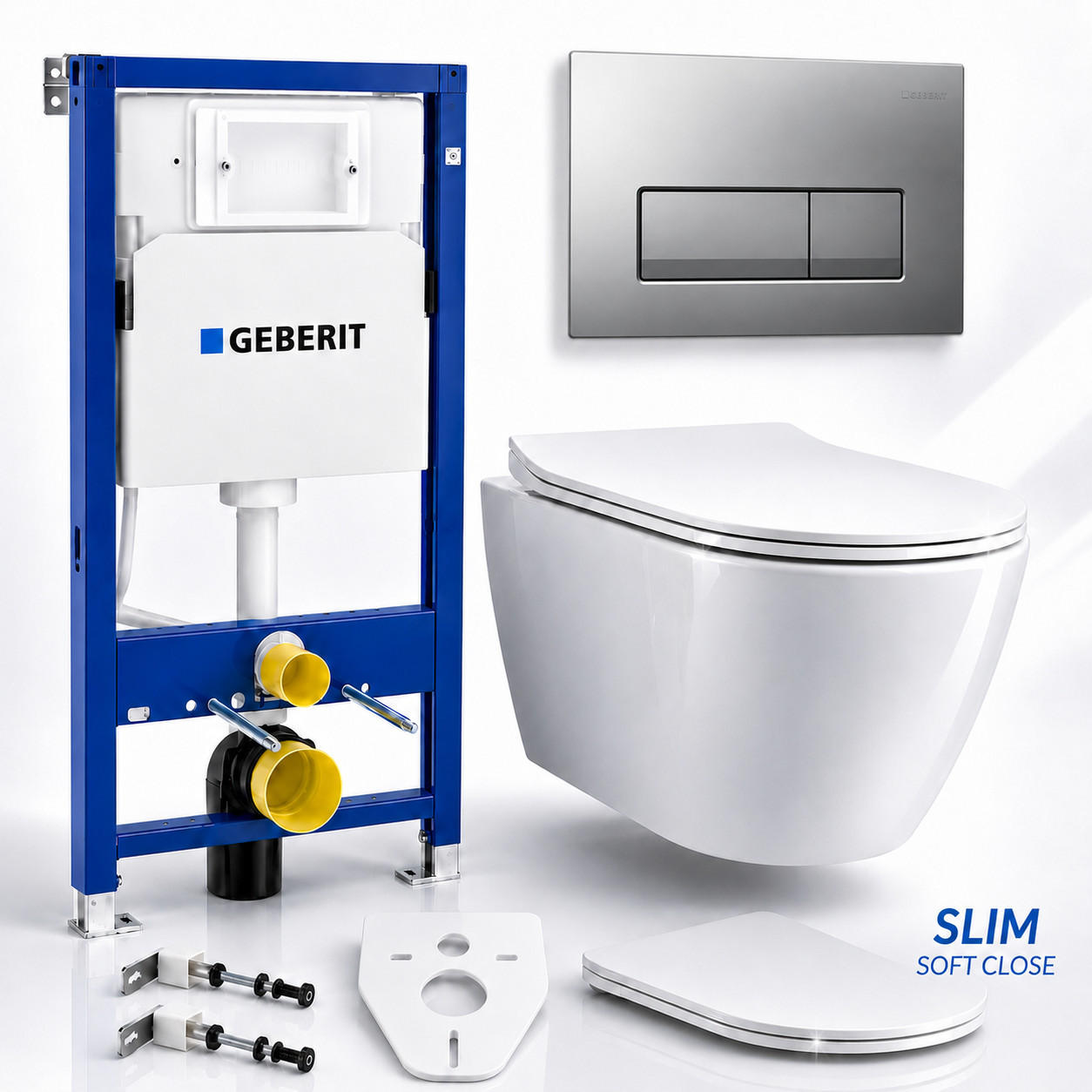 WC-SET ROLO Weiß, Slim-Sitz, Vorwandelement und Betätigungsplatte Delta50 rechteckig Chrom - Weiß, Keramik (50/112/48.5cm) - bad land