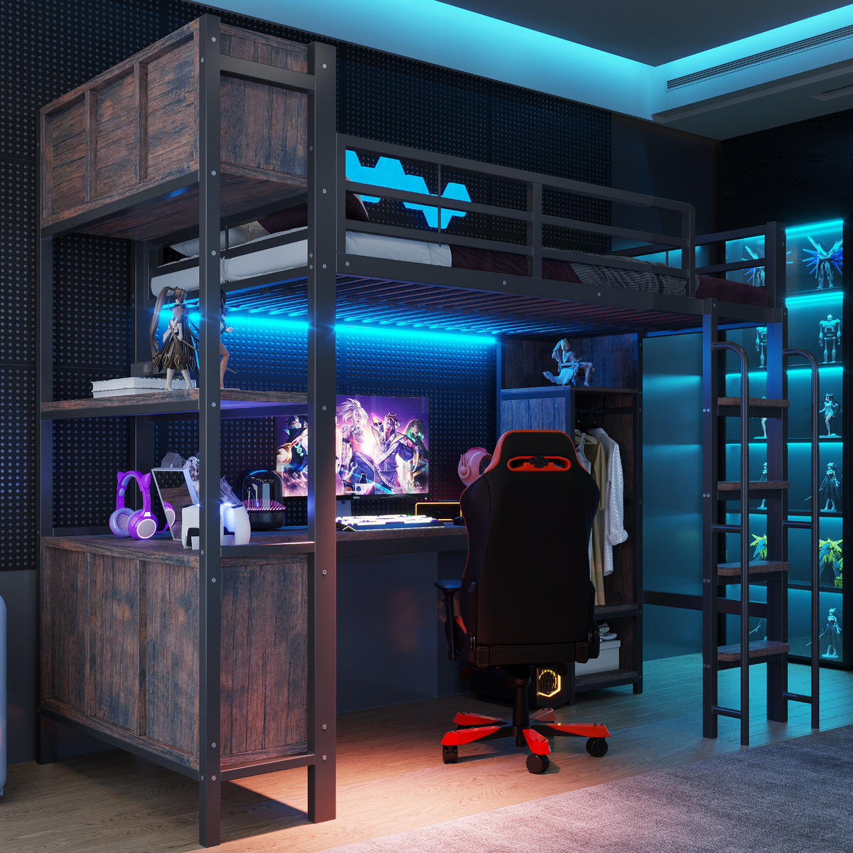 HOCHBETT 90/200 cm in Schwarz mit Schreibtisch, Kleiderschrank, Ablagefächern, LED und Steckdosen Metallbett - Schwarz, Holzwerkstoff/Metall (90/200cm) - STILVORA