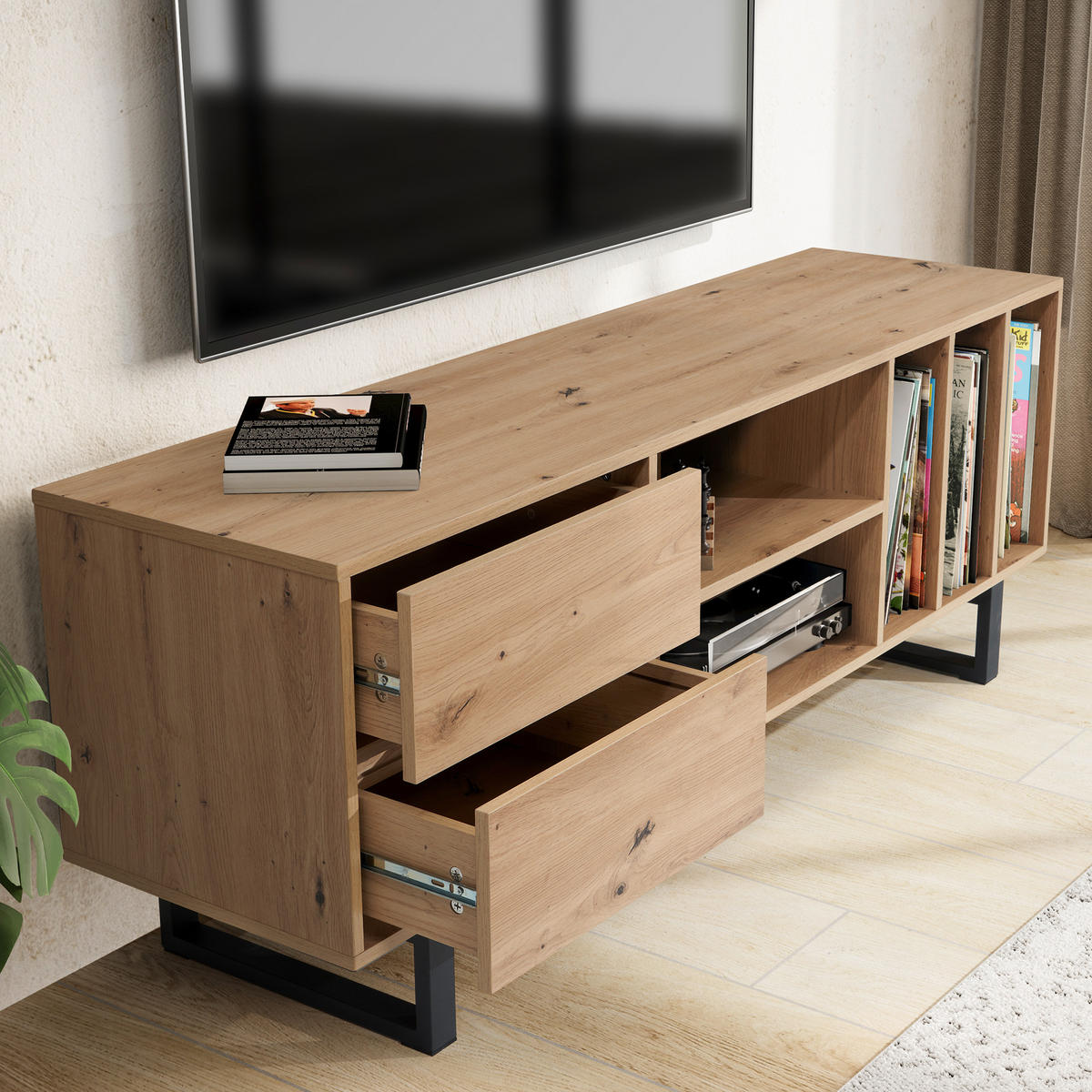 TV-LOWBOARD mit Eiche-Dekor, Schubladen und offenes Regal, modern, Braun 150x40x55 cm - Schwarz/Braun, Holzwerkstoff/Metall (150/55/40cm) - KADIMA DESIGN