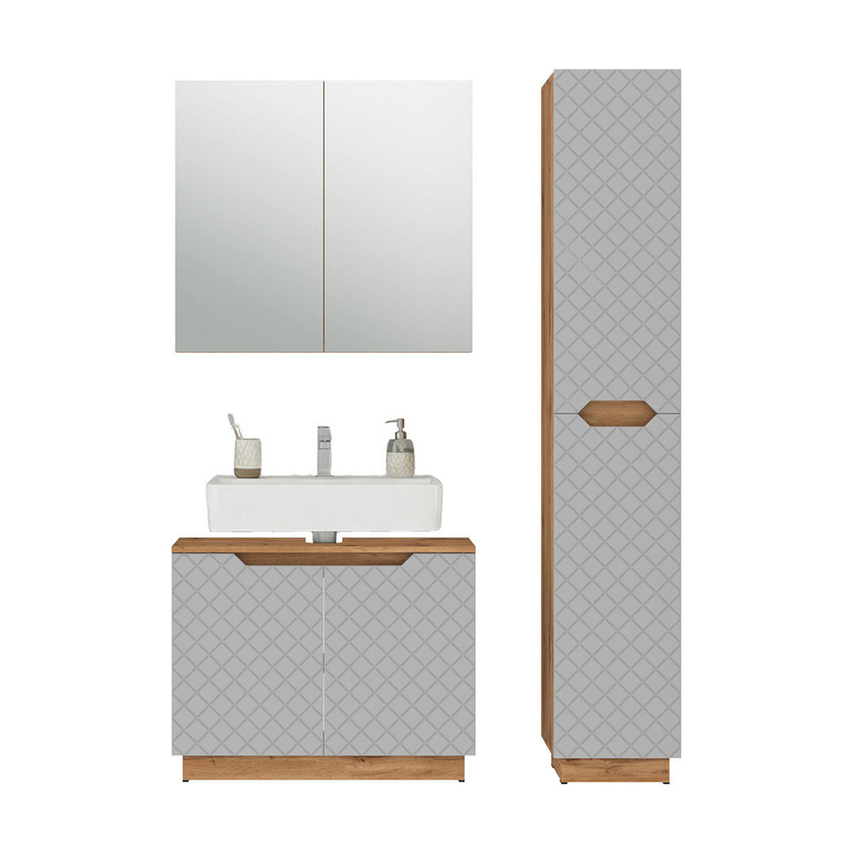 BADMÖBEL-SET Lotta Eiche/Grau mit Kachelstruktur 3 Teile - Eichefarben/Grau, Holzwerkstoff (79.6/62.1/32cm) - Vicco