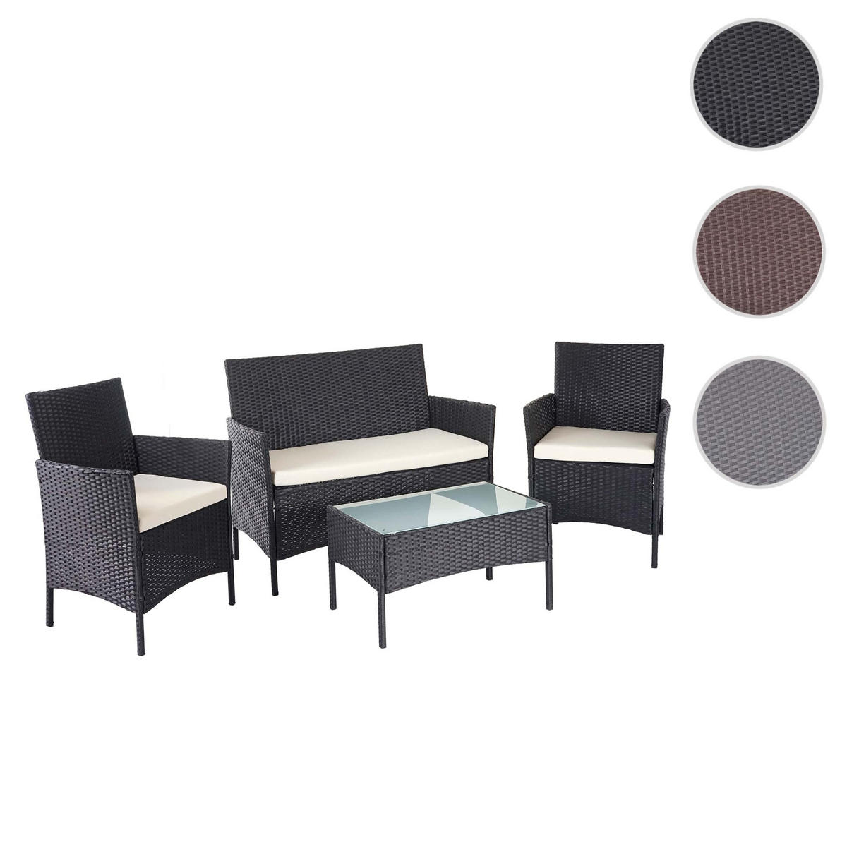 POLY-RATTAN GARNITUR Schwarz, Cremeweiß - Schwarz/Weiß, Kunststoff - MCW