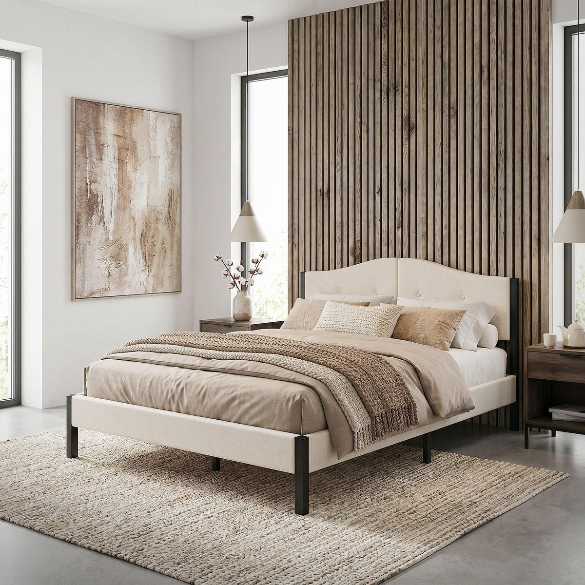 ČALOUNĚNÁ POSTEL 140x200 cm béžová s roštem a lněnou látkou - béžová, kompozitní dřevo/textil (140/200cm) - ML-DESIGN