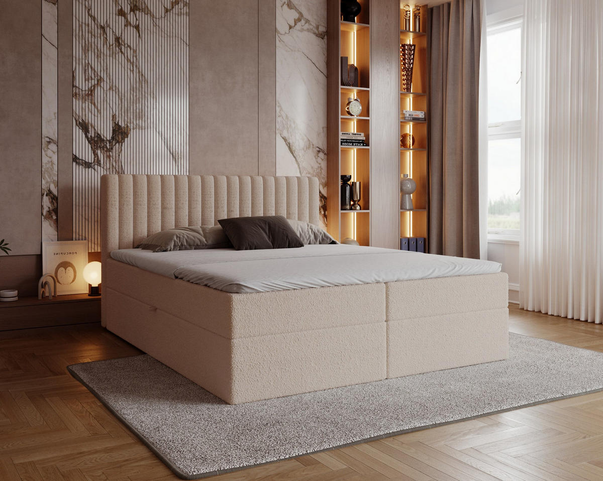 BOXSPRINGBETT Boucle 160x200 Daliro mit Bettkasten, Matratze H3, Beige - Beige, Holz/Textil (160/200cm) - Emporius