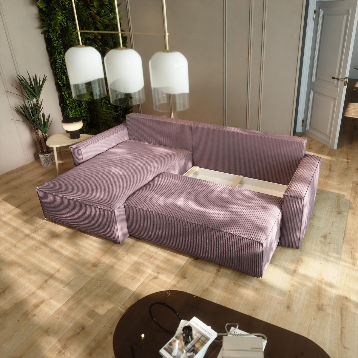 ECKSOFA BESMIR Lila Kordstoff mit Schlaffunktion - Lila, Holz (275/148cm) - MASSENO