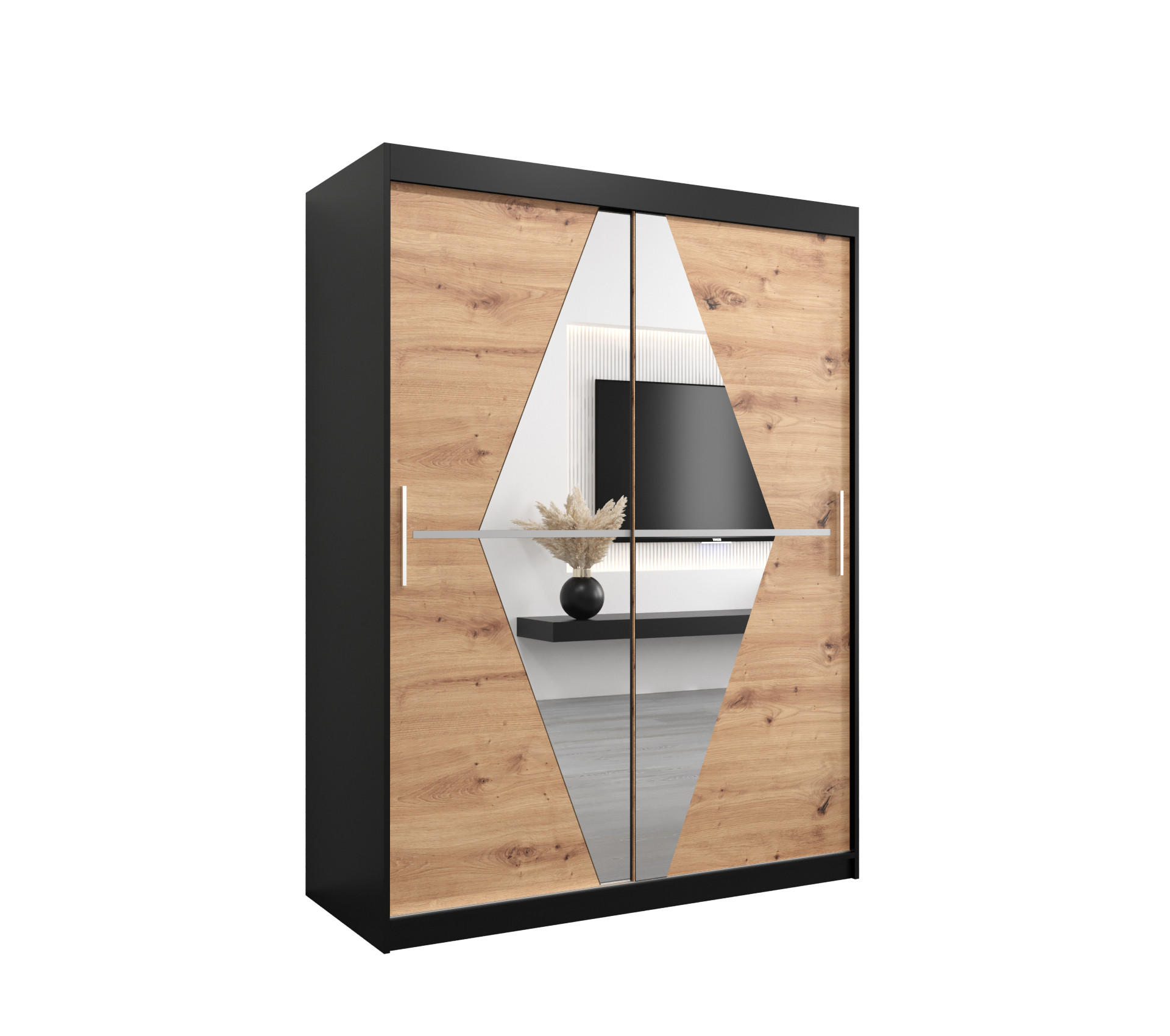 Abiks Möbel Schwebetürenschrank Schwarz, Eiche Artisan 150x200x62 cm
