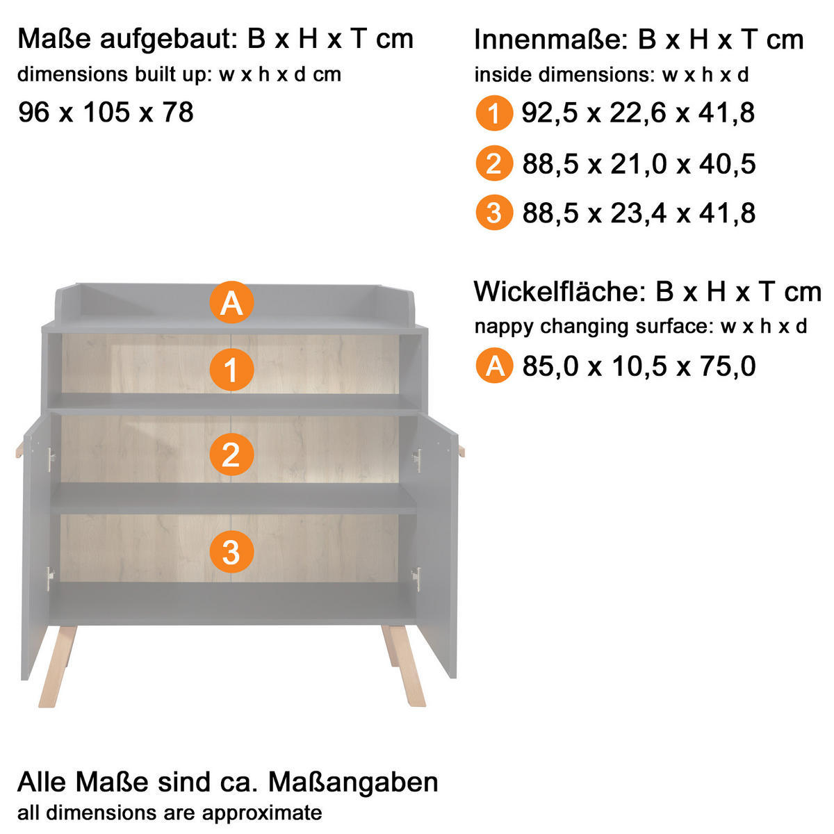 WICKELKOMMODE grau matt mit Buche massiv, Wickeltisch 96 x 105 cm - Eichefarben/Buchefarben, Holz/Holzwerkstoff (78/105/96cm) - Top.Furn