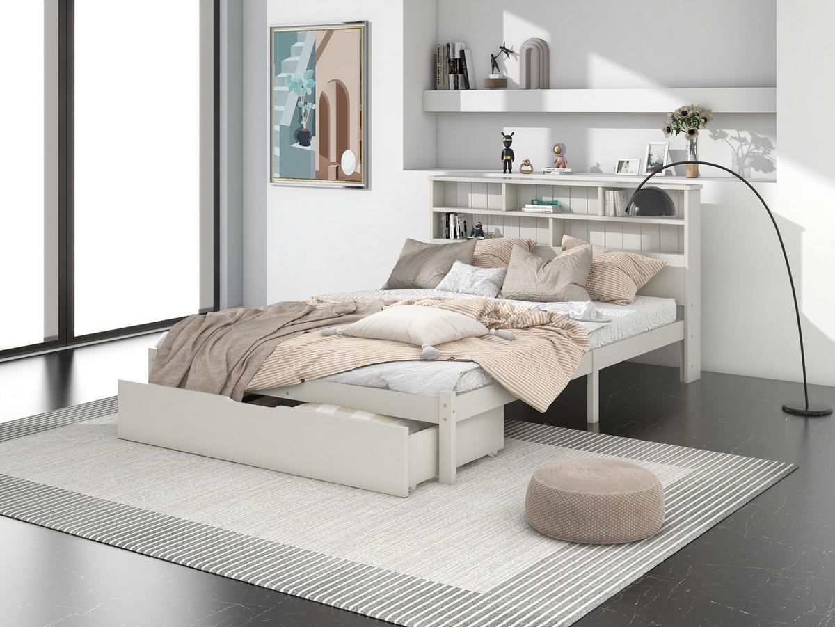 BETT 140/200 cm mit Bücherregal-Kopfteil, Schubladen & Lattenrost, Weiß - Weiß, Holz (140/200cm) - Redom