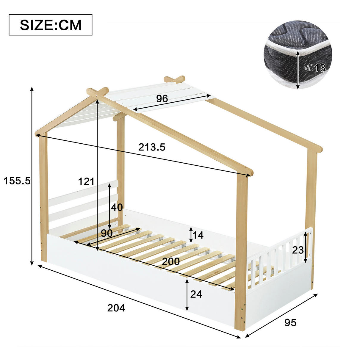 HAUSBETT aus Kiefer, Spanplatte und MDF 90x200 cm Weiß/Natur mit Lattenrost im Holzhausdesign - Weiß, Holzwerkstoff (90/200cm) - Modfu