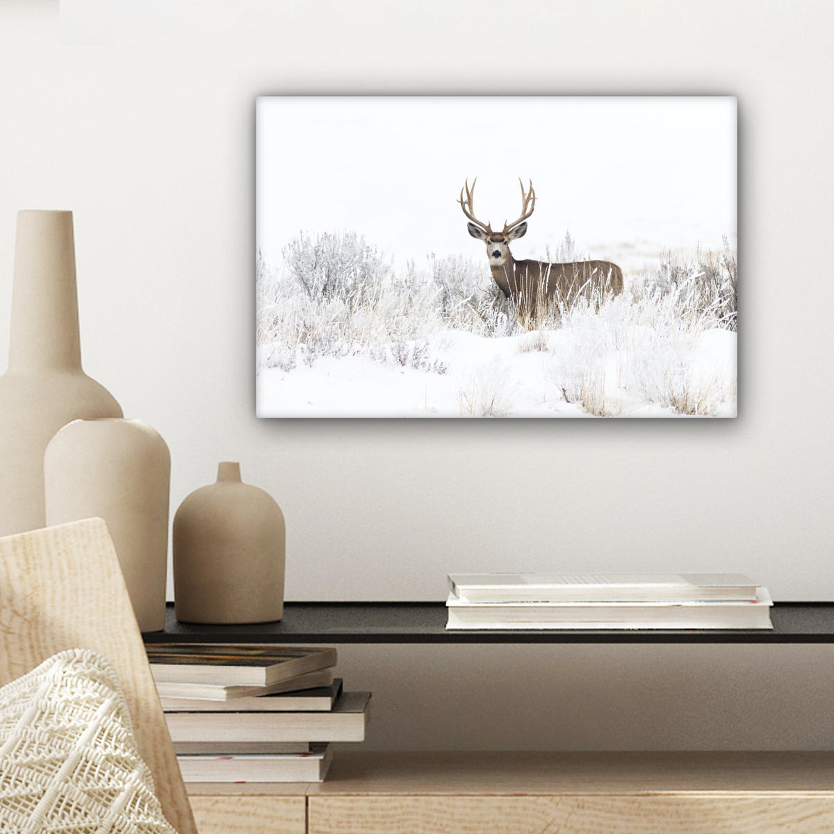 LEINWANDBILD Hirsche - Winter - Schnee - Tiere - Jahreszeiten - Weiß 30x20 cm - Hellbraun, Textil (30/20cm) - MuchoWow