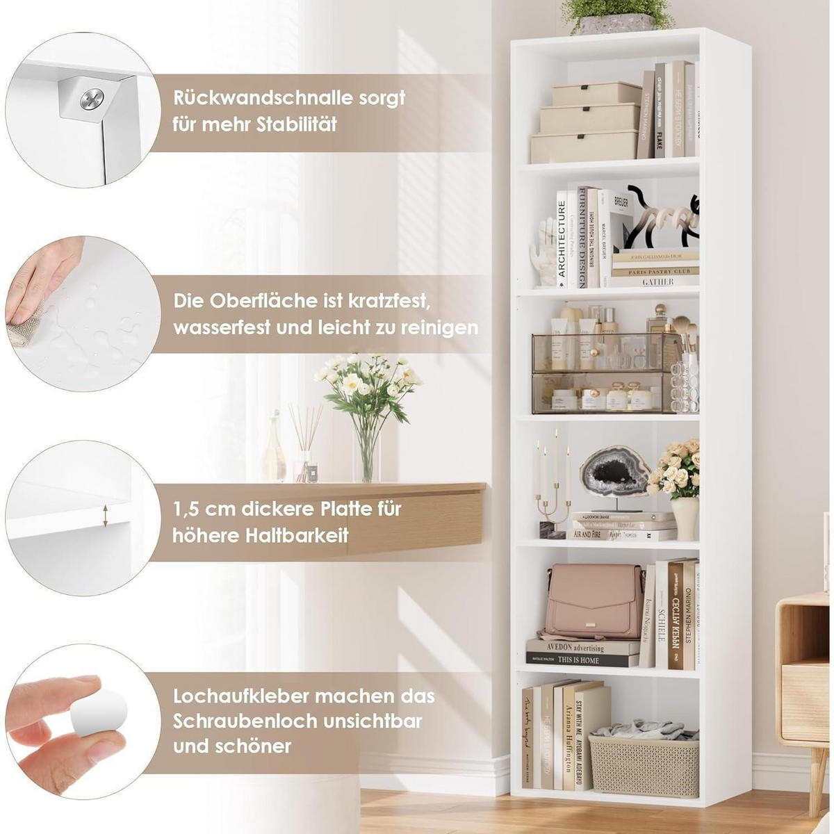 BÜCHERREGAL weiß 6 Fächer 48 x 30 x 190,5 cm - Weiß, Holzwerkstoff (48/190.5/30cm)