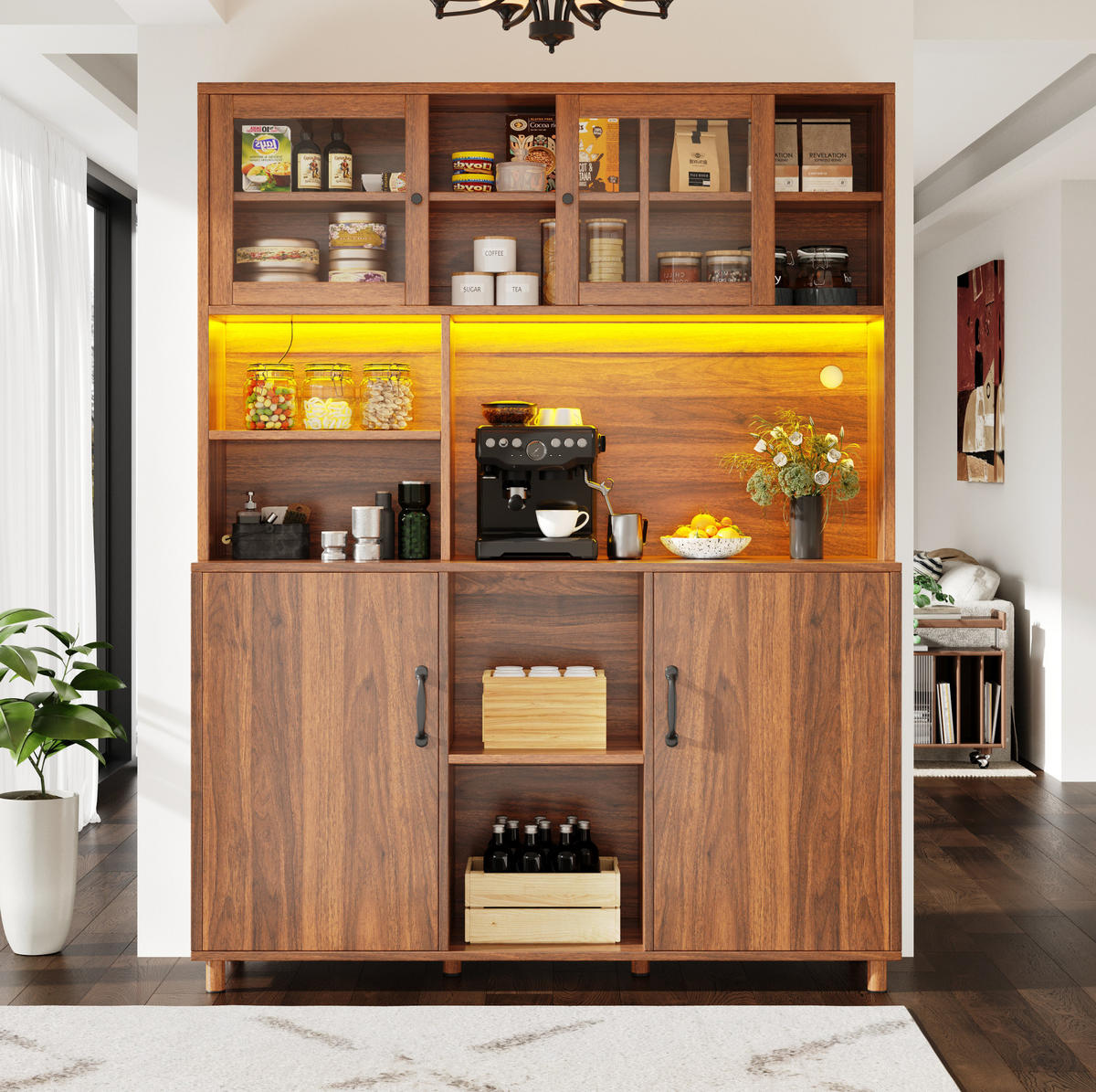 BUFFET aus MDF und Glas 140x40x185 cm Walnussbraun mit LED-Beleuchtung, USB-Anschluss und Schiebetüren - Braun, Glas (140/185/40cm) - Modfu