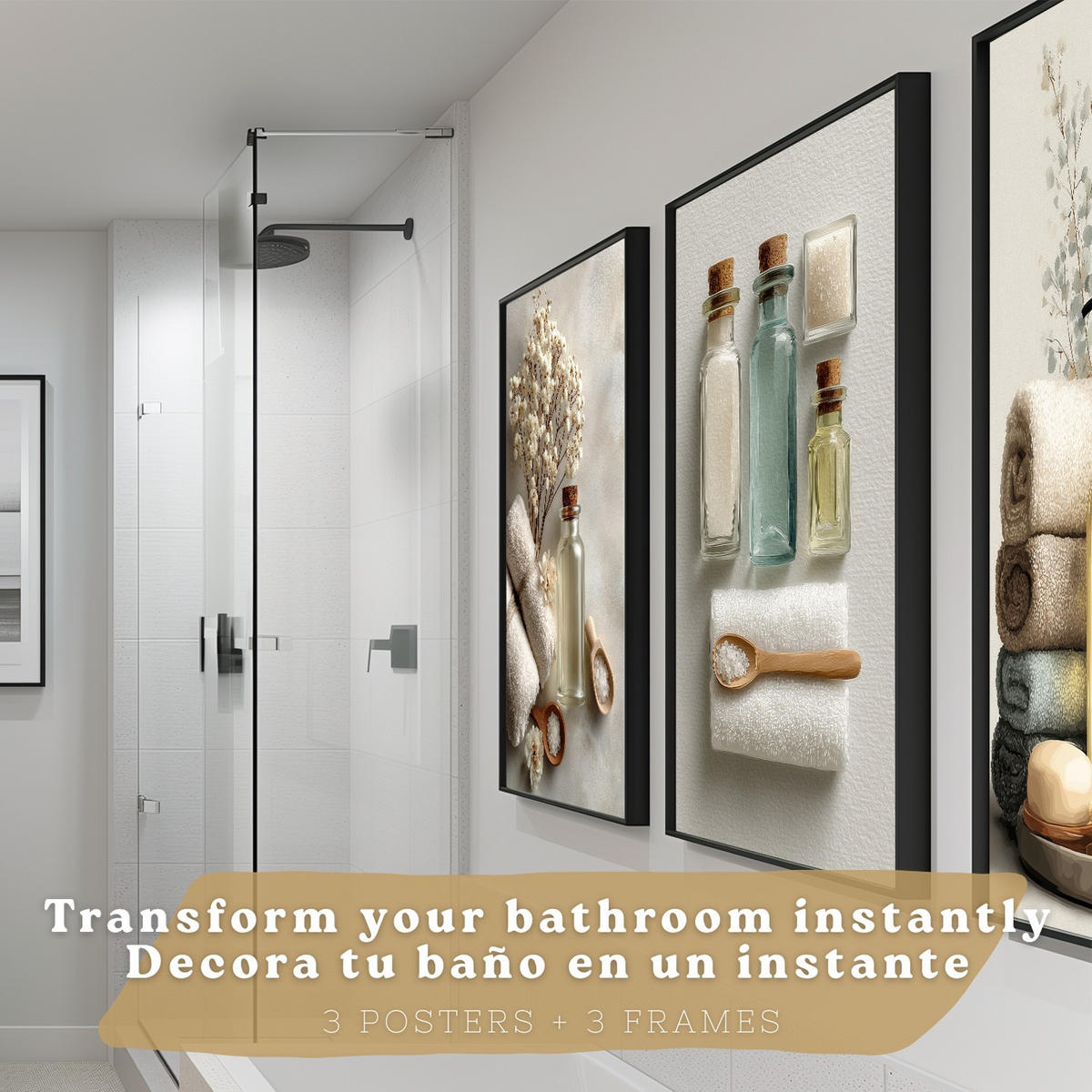 POSTER 3er-Set dekorative Badezimmer-Wandbilder und für Waschbecken, Dusche, WC mit Flaschen, Badesalz und Handtüchern, Naturstil Schwarzer Rahmen A4 - Schwarz, Papier (29.7/21/3cm) - Nacnic