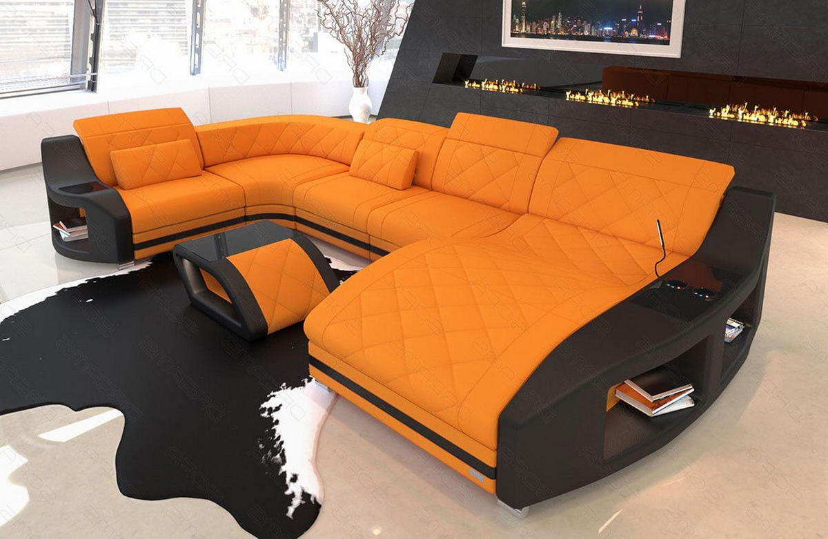 WOHNLANDSCHAFT Stoff Sofa Swing U Form Apricot Schwarz Mikrofaserstoff - Orange, Kunststoff (404/90/220cm)