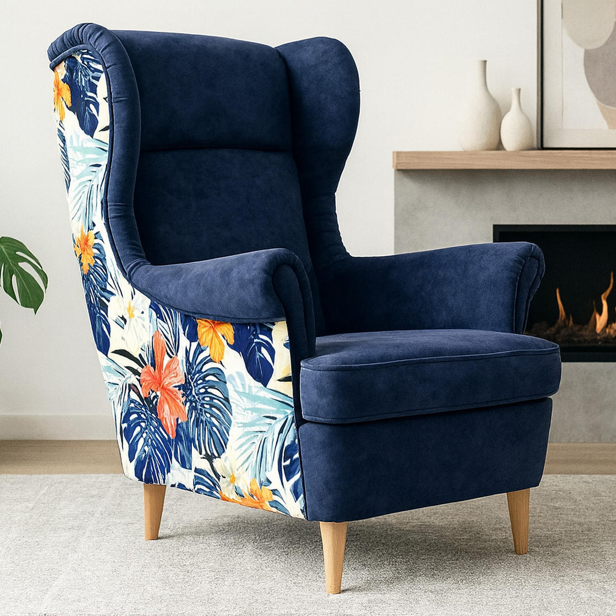 OHRENSESSEL Havana im skandinavischen Stil, Dunkelblau - Buchefarben/Dunkelblau, Holzwerkstoff (82/102/92cm) - Beautysofa