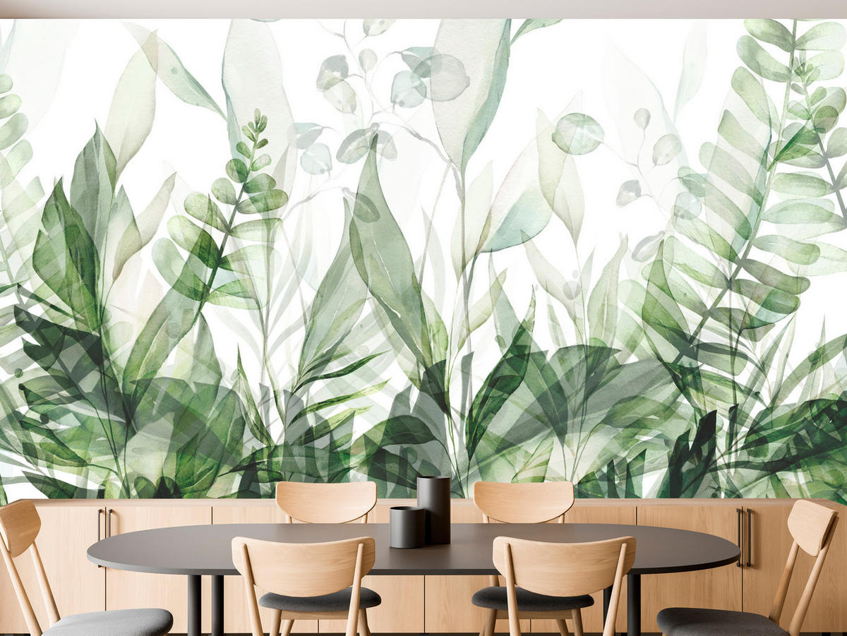 FOTOTAPETE für Schlafzimmer Aquarell Tropische Grüne Blätter Exotisch Blätter 250x175 - Weiß/Grün, Papier (250/175cm) - Muralo