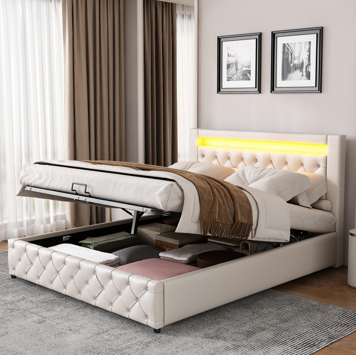 ČALÚNENÁ posteľ z PU 140x190 cm biela s LED osvetlením, úložným priestorom a lamelovým roštom - biela, plast (140/190cm) - Modfu