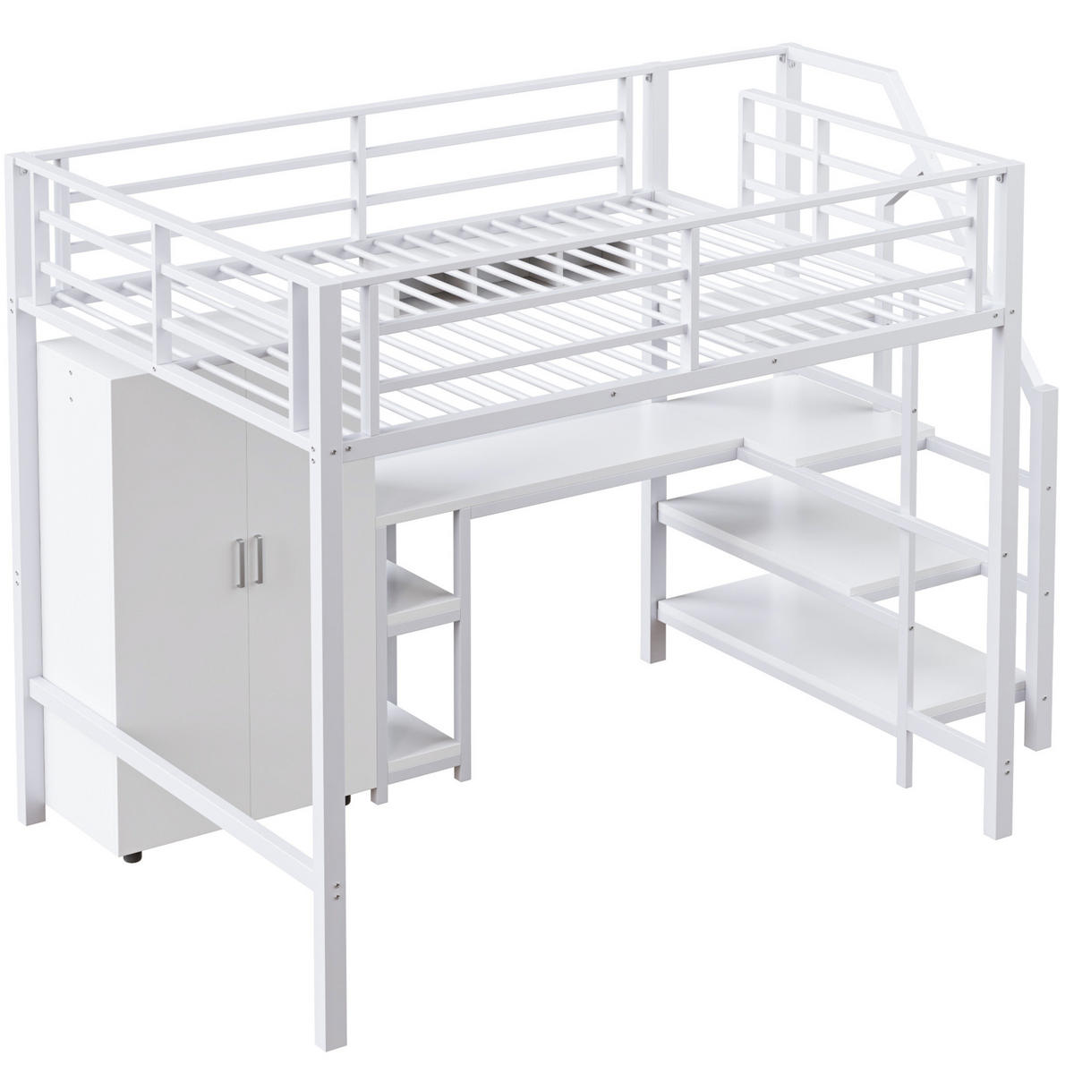 VYSOKÁ postel 255/145/160 cm bílá se skříní a psacím stolem z kovu a MDF - bílá, kov (140/200cm) - OKWISH
