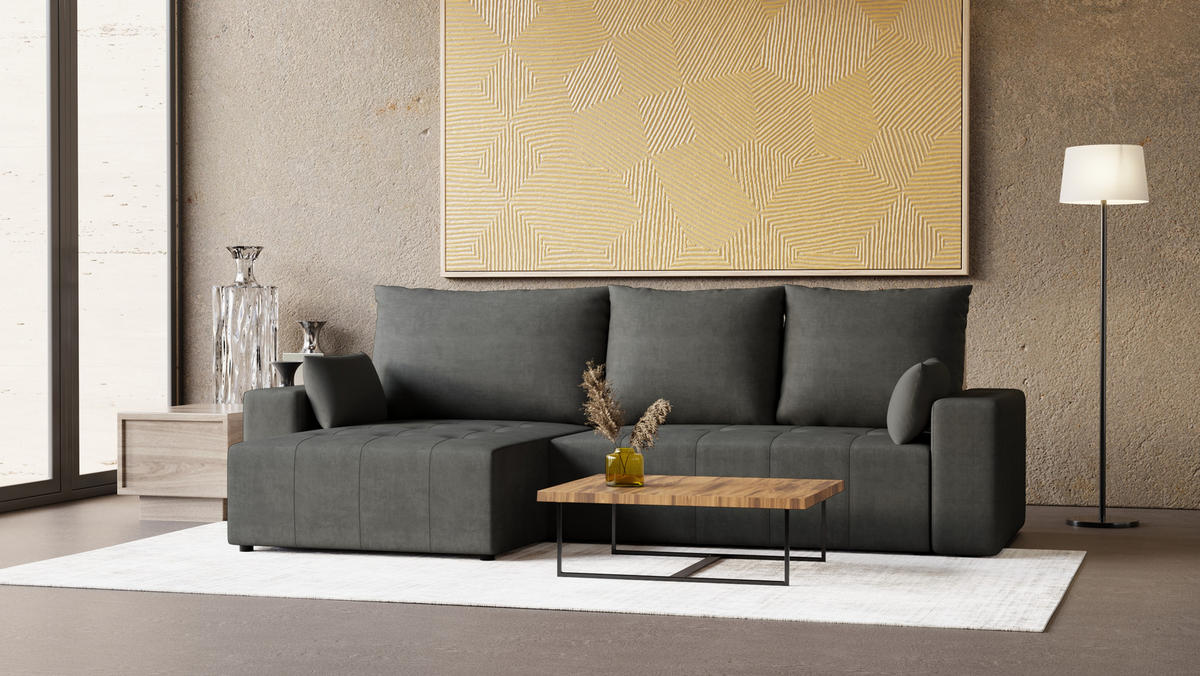 ECKSOFA Tico mit Bettkasten und Schlaffunktion, L-Form/XL-Form, Velourstoff, Universal - Graphitfarben, Holzwerkstoff (276/145cm) - 4ALL HOME