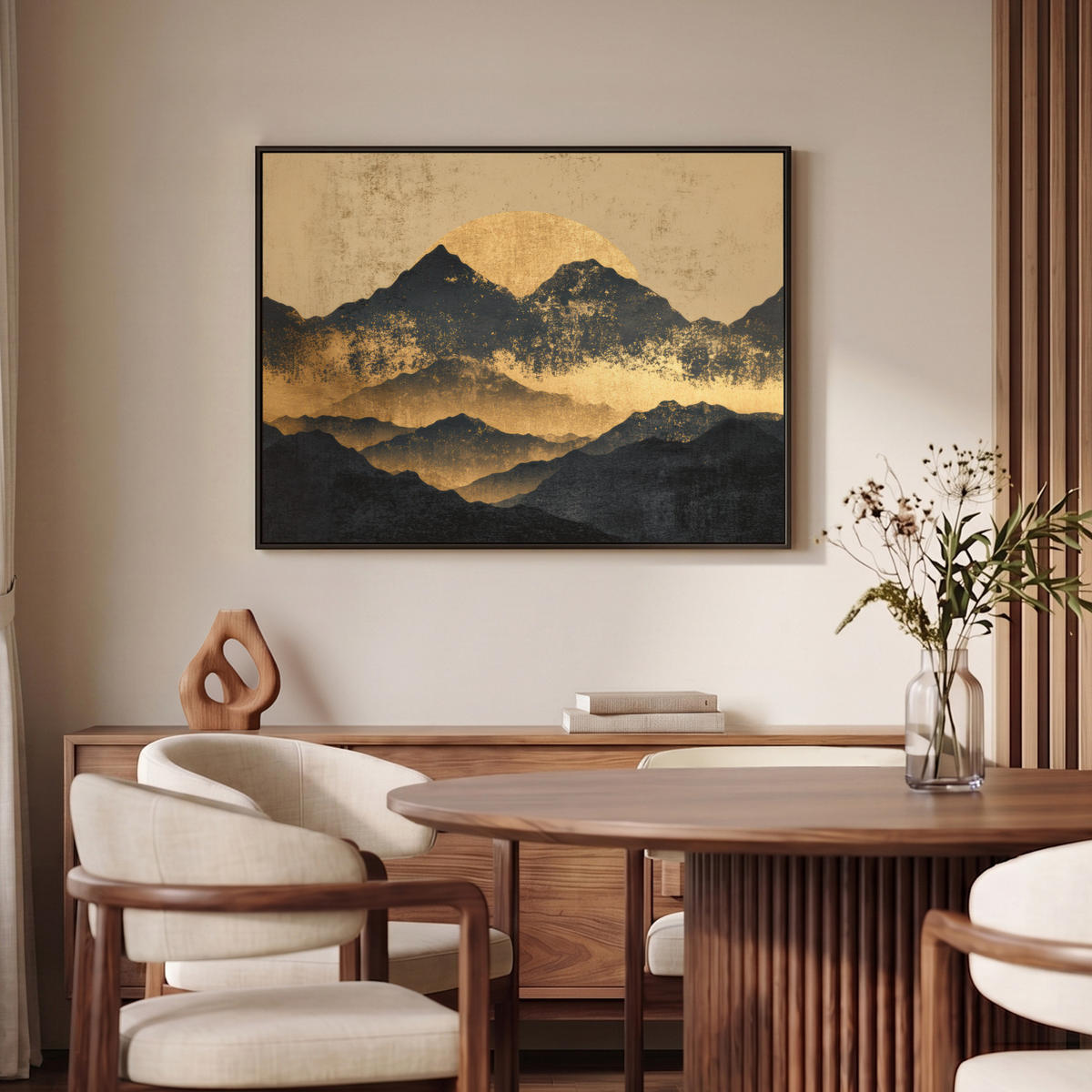 LEINWAND Bilder mit Rahmen - Goldene Berge bei Mondschein - 100x70 - Goldfarben, Textil (100/70cm) - MuchoWow
