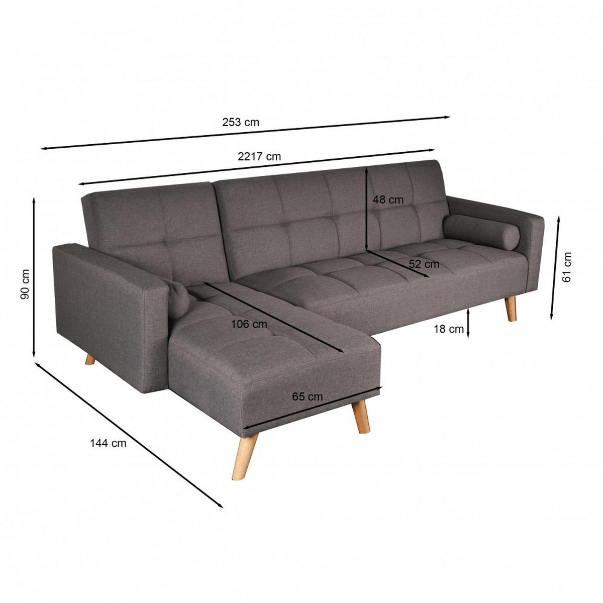 ECKSOFA, gerade ausziehbar links, ASGARD / GRAU - Grau, Holzwerkstoff (144/90/253cm) - Weber Industries