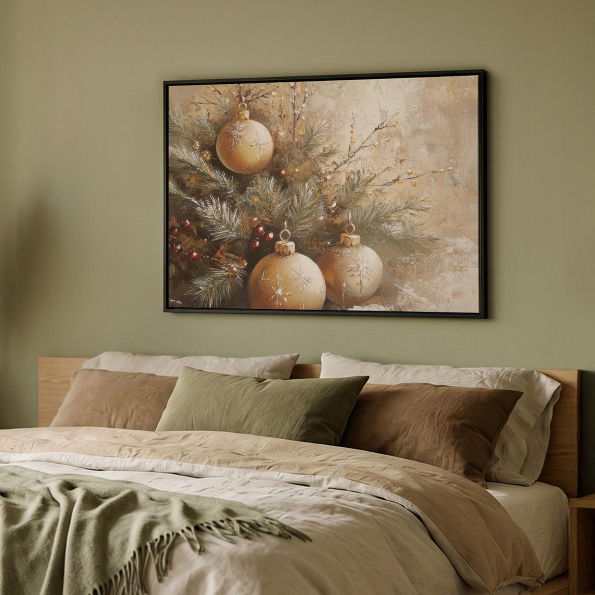 LEINWAND Bilder mit Rahmen - Weihnachten - Kugeln - Beige - Gold - 100x70 - Goldfarben, Textil (100/70cm) - MuchoWow