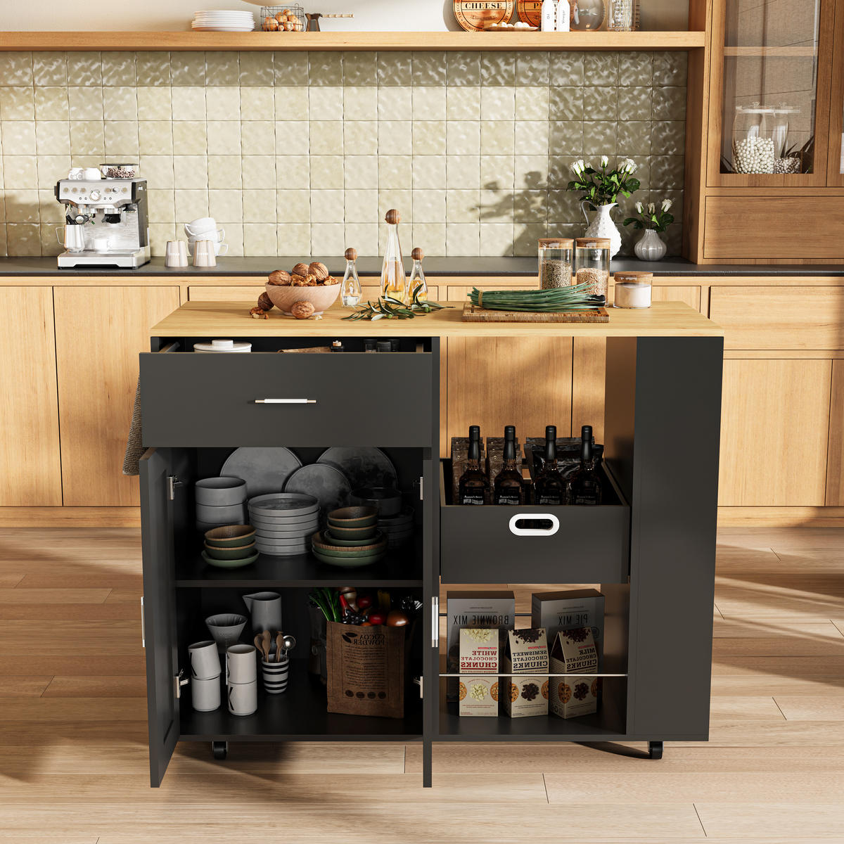 KÜCHENWAGEN rollbar 3 Ebenen Gewürzregal offen schwarz - Schwarz, Holz (46/92/102cm) - LEBENLANG