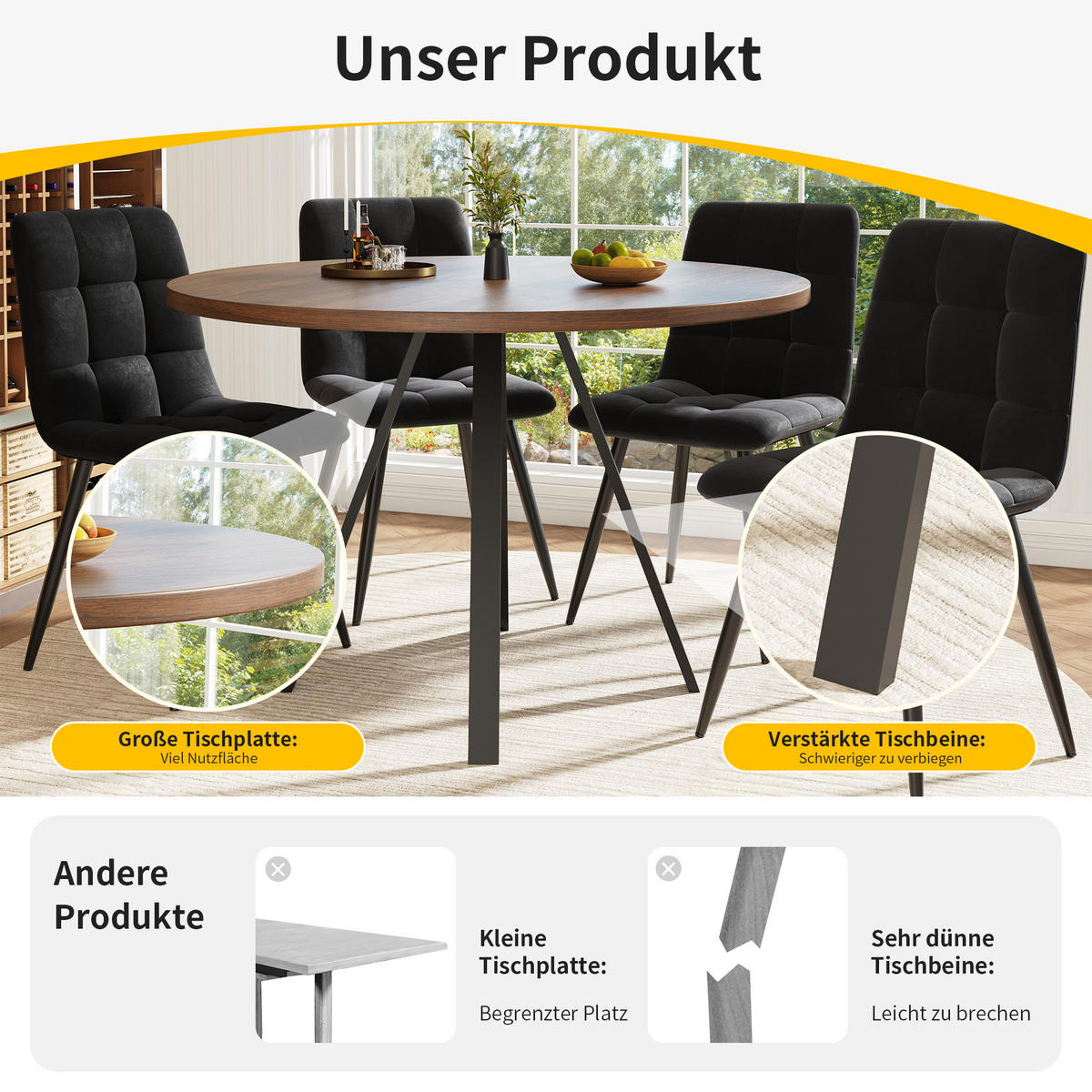 JEDÁLENSKÝ STÔL Okrúhly 80 cm orech & čierny – Kompakttisch s kovbeinen im Retro-dizajn - dub sonoma, kompozitné drevo (80/80/75cm) - Urban Meuble