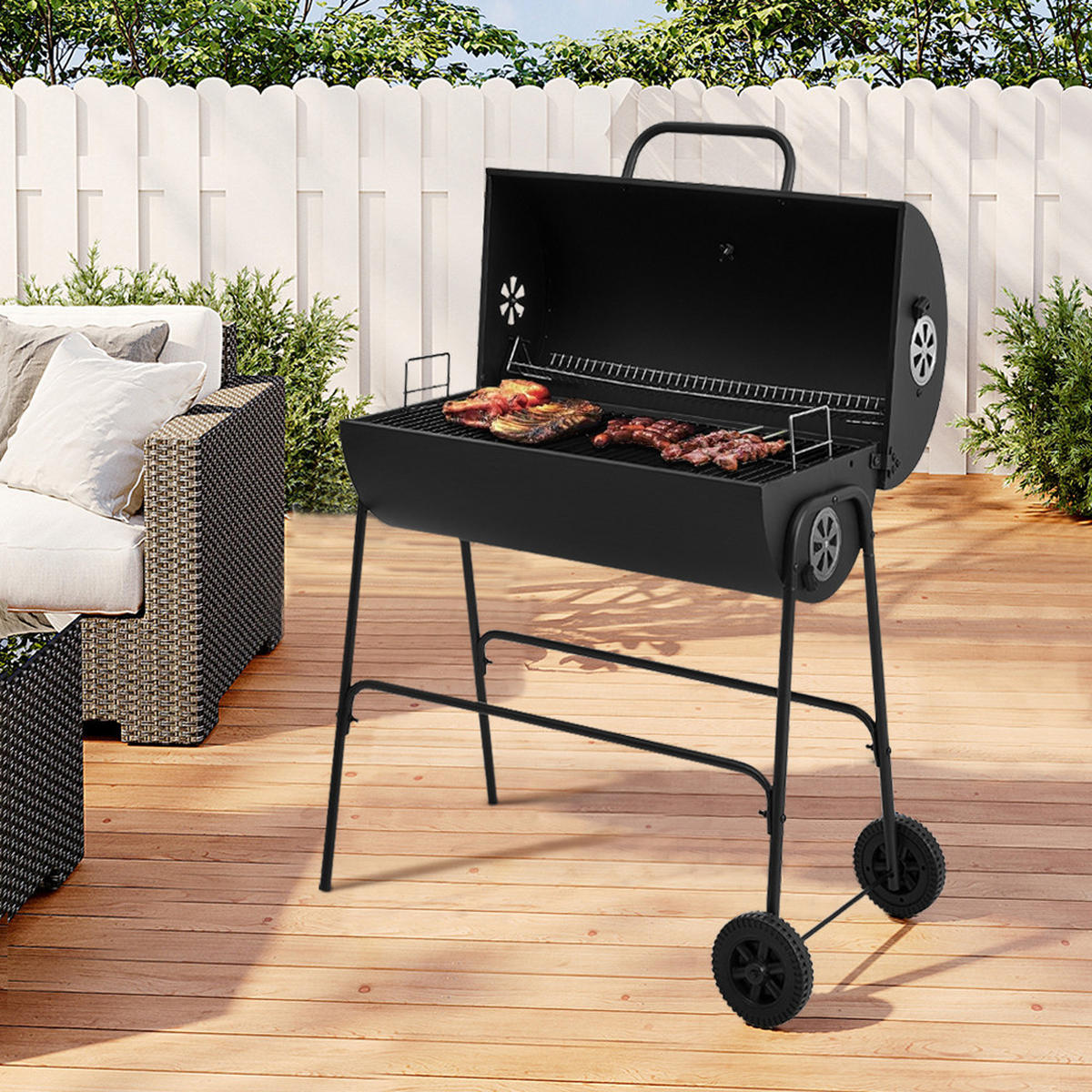 HOLZKOHLEGRILL mit Rollen aus Kohlenstoffstahl in Schwarz für draußen Carbonstahl groß mobil – ideal für Familienfeiern 79 x 68 x 90 cm 10,5 kg - Schwarz, Metall (68/90/79cm) - Livingandhome