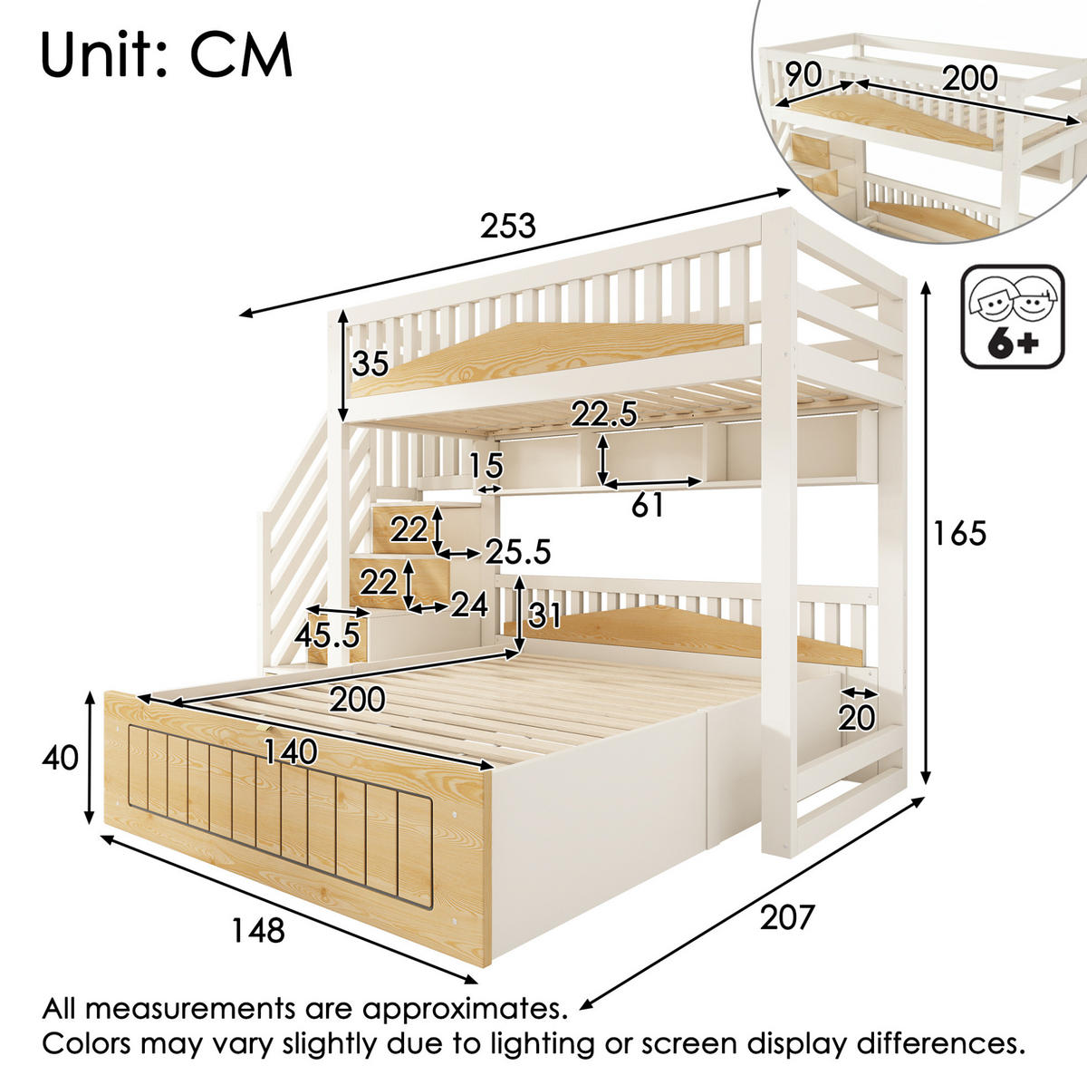 ETAGENBETT 90/140/200 cm in Weiß/Natur mit Stauraum und USB- und Type-C-Anschlüssen - Weiß, Holzwerkstoff (90/200cm) - OKMYHOME