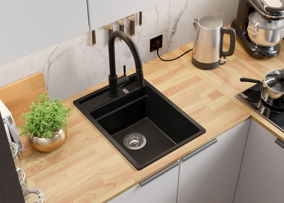 GRANITSPÜLE Oslo Pocket, 2-er set Schwarz 38/53 cm 1 Becken + Küchenarmatur 40/38 cm + Ablauf-Set + Küchenzubehörset ab 40er Unterschrank - Chromfarben/Beige, Kunststoff (38/20/53cm) - Primagran