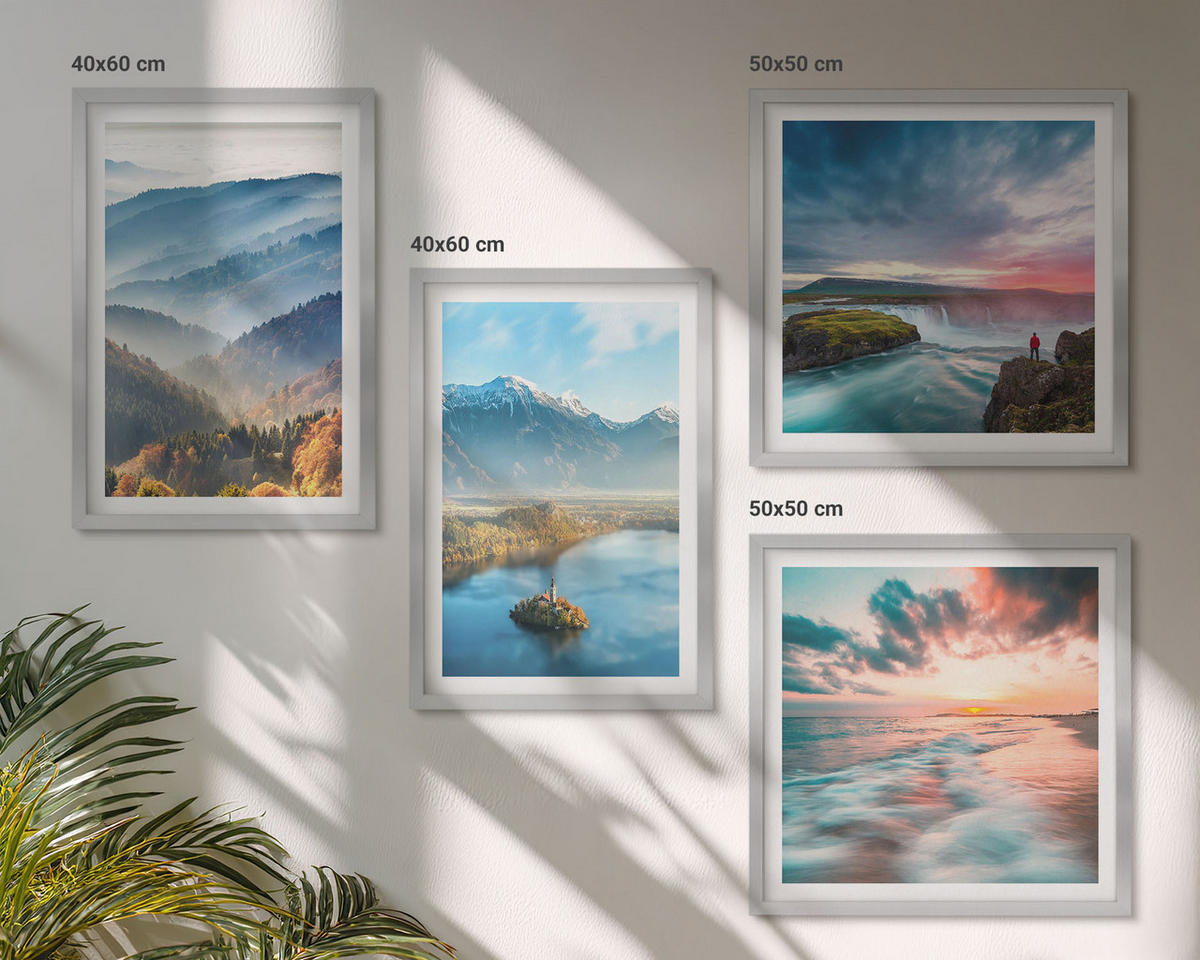 BILDER SET 4er Set - 50x50 cm & 40x60 cm Silberner Rahmen - Berglandschaften, Wasserfälle - Silberfarben, Kunststoff (50/50cm) - TULUP