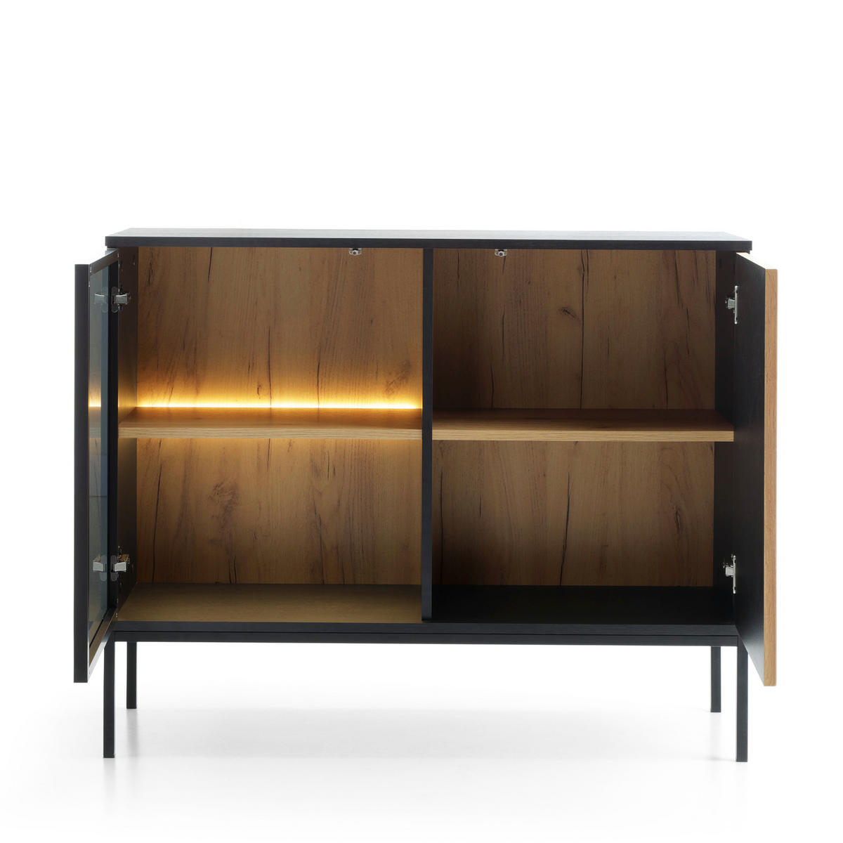 SIDEBOARD Laval K104 LED - Schwarz, Eiche wotan, Dreitürige mit Beleuchtung - Eichefarben/Eiche Wotan, Glas/Holzwerkstoff (104/83/39cm) - Komodee