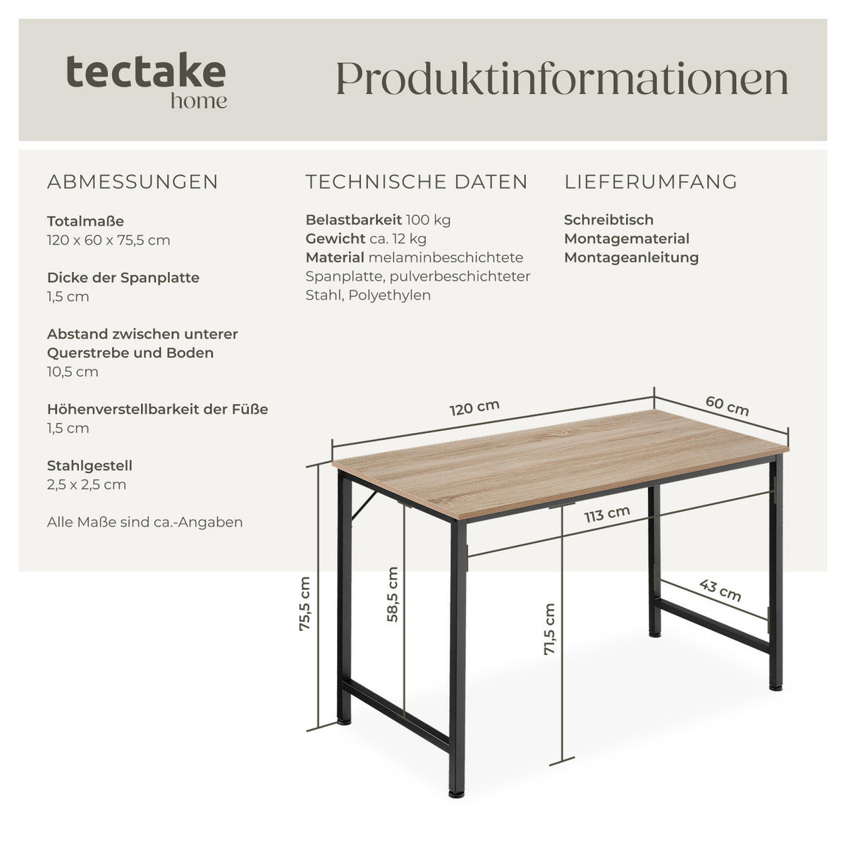 SCHREIBTISCH Jenkins, Höhe 75, 5 cm, Industrial Holz hell, Eiche Sonoma - Naturfarben, Holzwerkstoff (60/120/75.5cm) - tectake